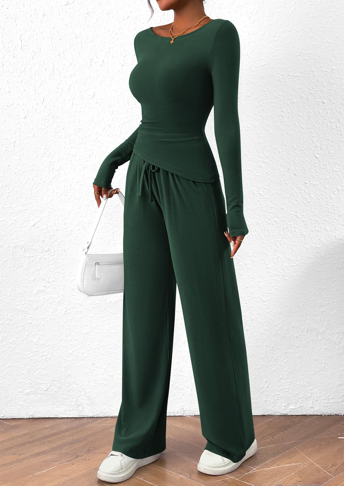 2 Piece Lounge Sets Asymmetrical Long Sleeve T Shirt Wide Leg Pants Casual Outfits Tracksuit