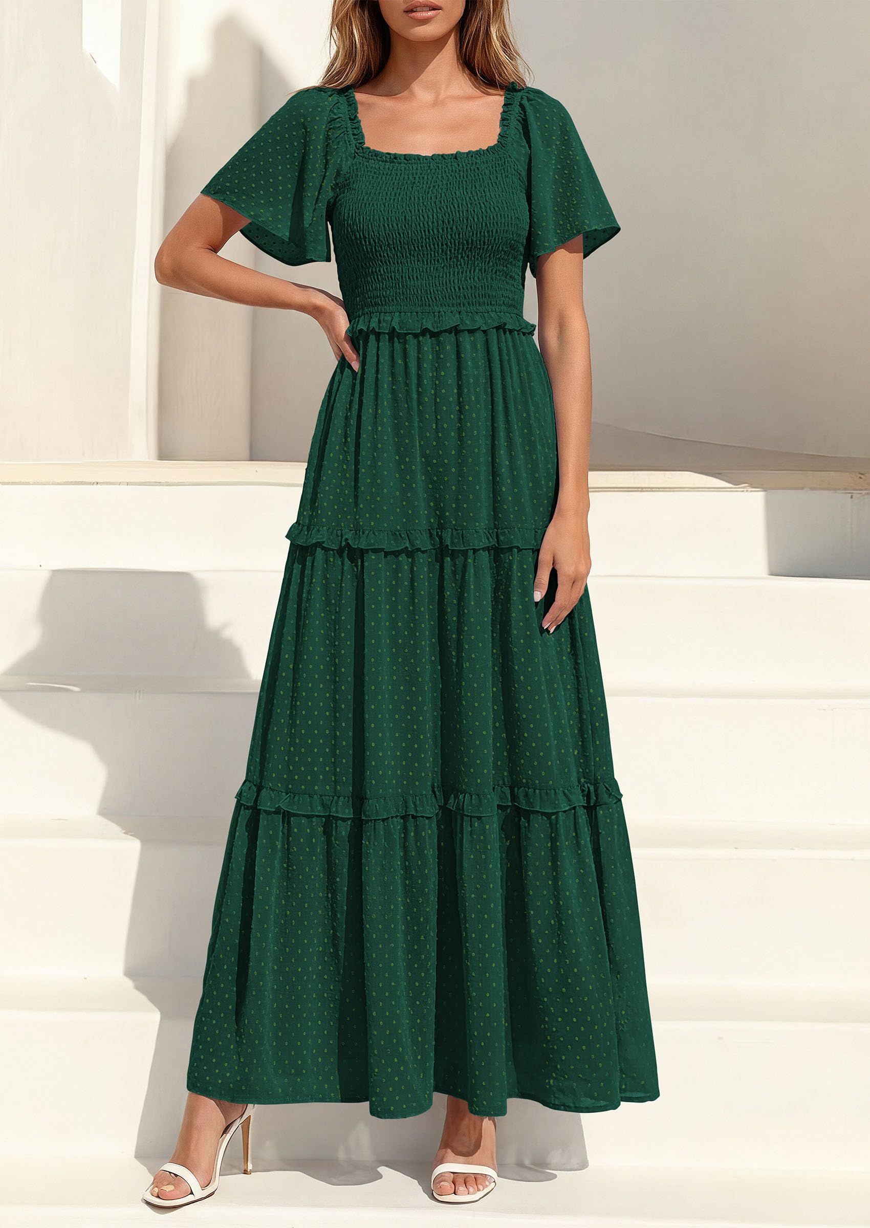 PRETTYGARDEN Summer Dresses for Women Boho Swiss Dot Smocked Square Neck Short Sleeve Spring Wedding Guest Maxi Dress PRETTYGARDEN