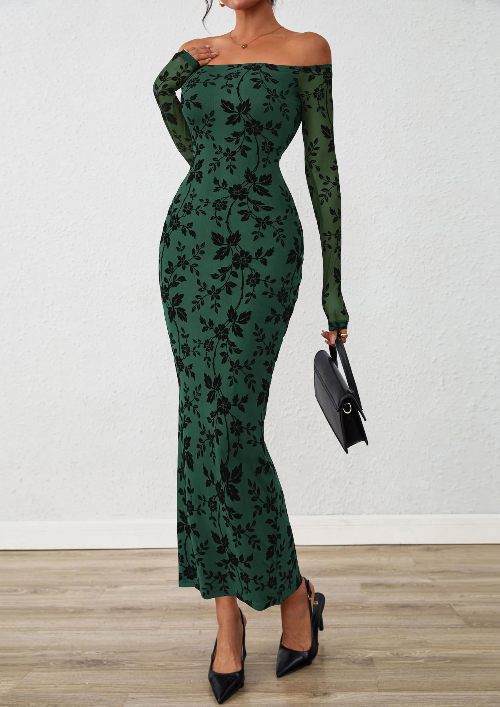 PRETTYGARDEN Womens Off The Shoulder Floral Maxi Bodycon Dress Fall Long Sleeve Mesh Fitted Long Formal Wedding Guest Dresses PRETTYGARDEN