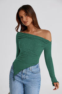 Long Sleeve Y2K Crop Top Trendy Off Shoulder Asymmetrical Fitted Knit Tee Shirts Going Out Tops