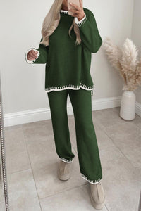 2 Piece Knitted Casual Long Sleeve Pullover Wide Leg Pant Set