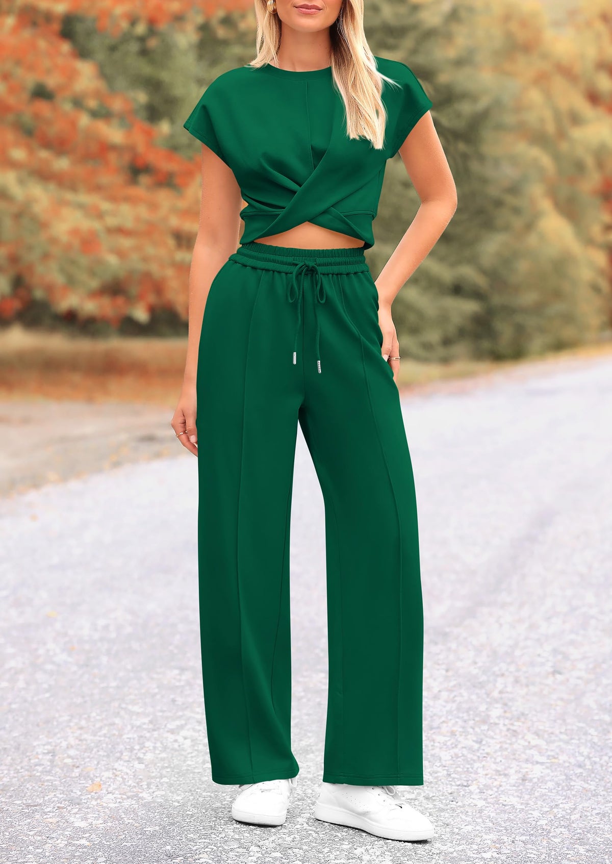 Twist Front Crop T-Shirts Wide Leg Pants Two Piece Sets