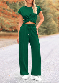 Twist Front Crop T-Shirts Wide Leg Pants Two Piece Sets