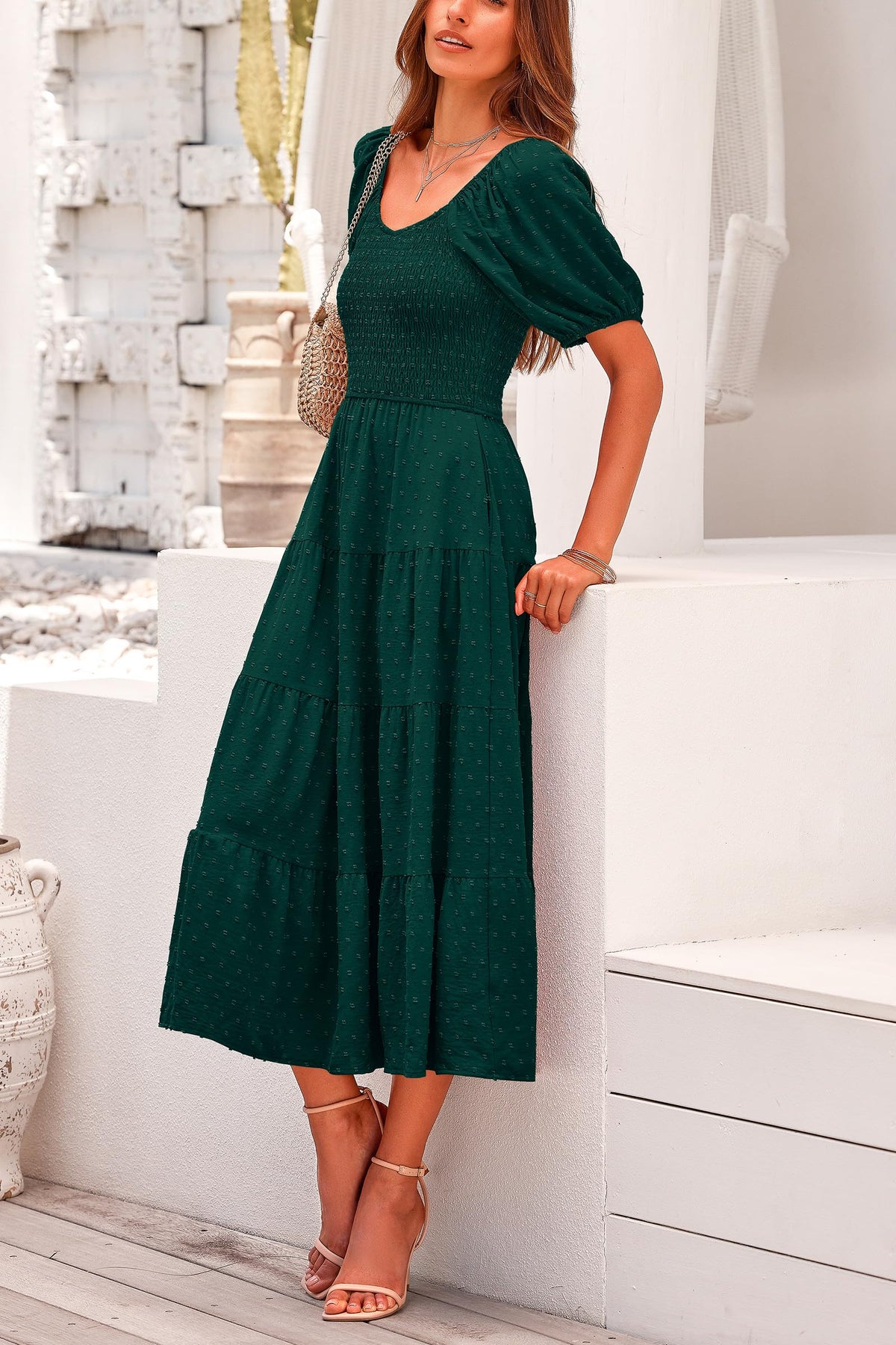 Puff Sleeve Boho Midi Dress