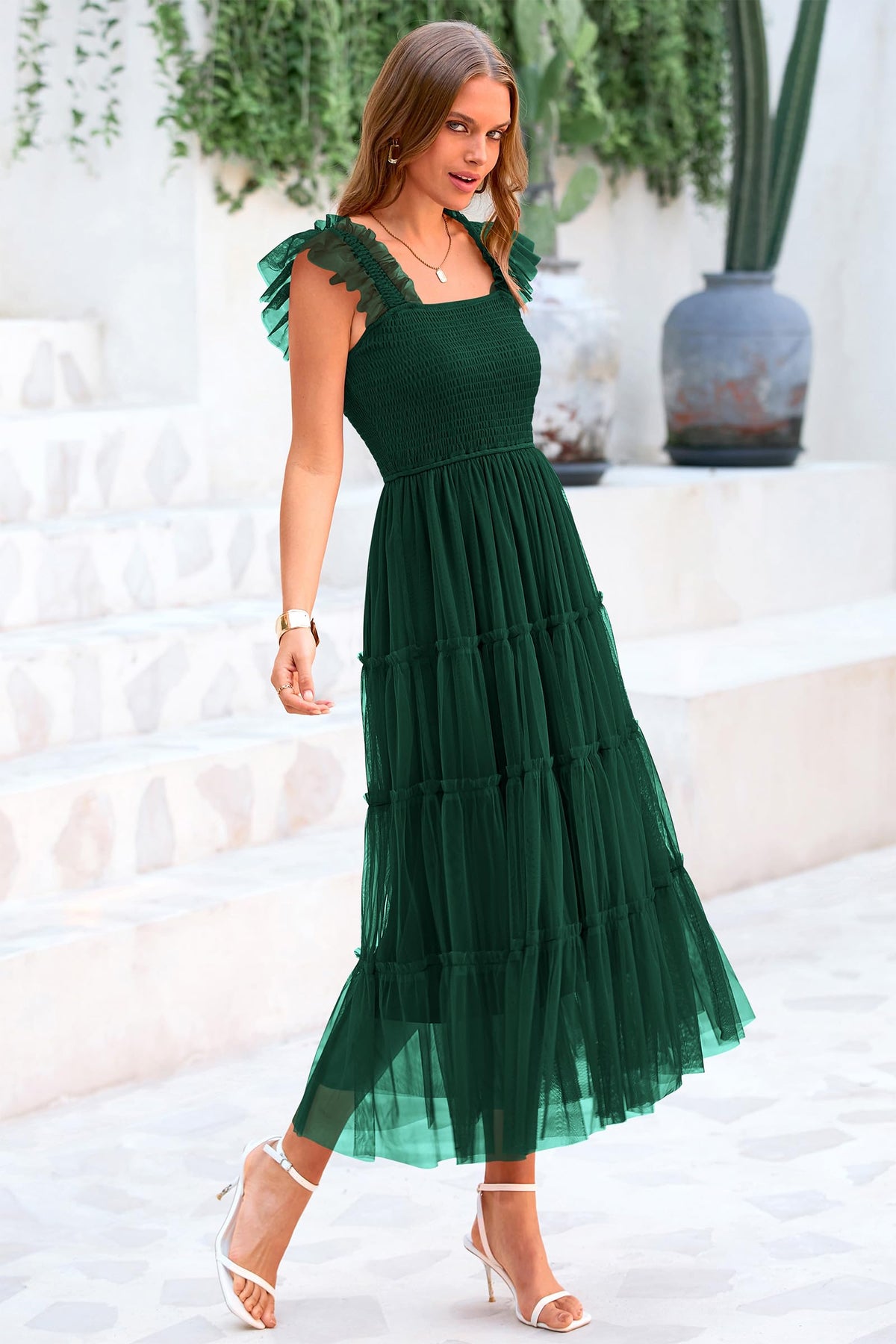 Summer Casual Sleeveless Smocked Ruffle Tulle Flowy Beach Sundress