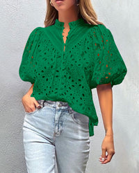 Casual Short Lantern Sleeve V Neck Buttons Hollow Out Lace Embroidered Blouses