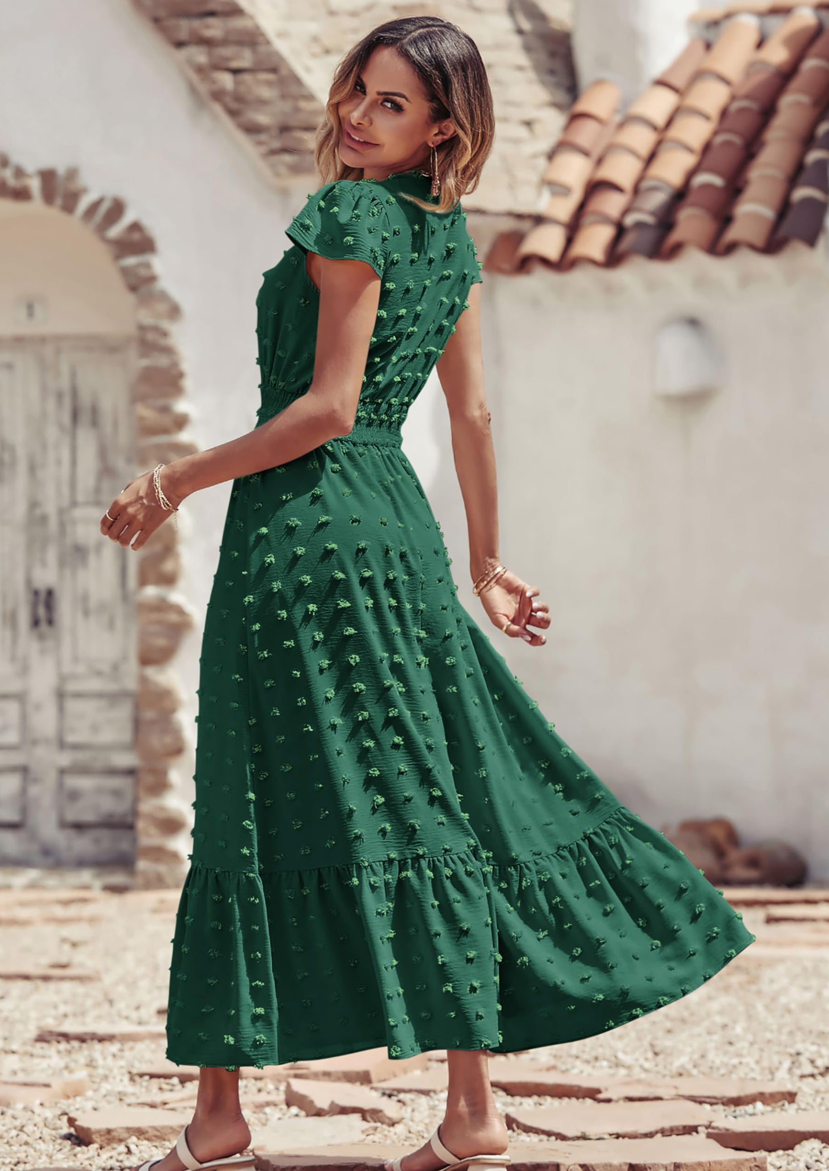 PRETTYGARDEN Womens Dresses Summer Maxi Dress Boho Short Sleeve V Neck Swiss Dot Ruffle Tiered Smocked Flowy Long Dress PRETTYGARDEN