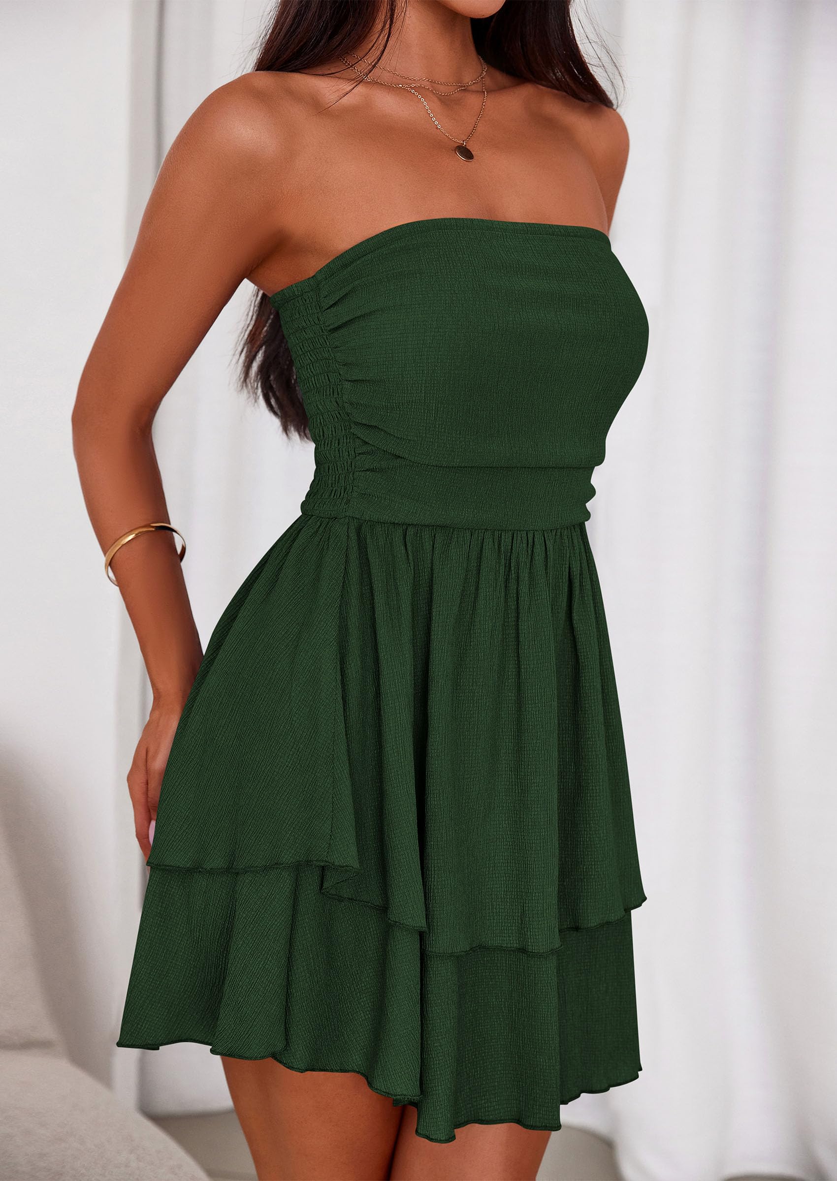 PRETTYGARDEN Women's Summer Strapless Tube Mini Dress Off Shoulder Smocked Ruffle A Line Flowy Short Party Club Dresses