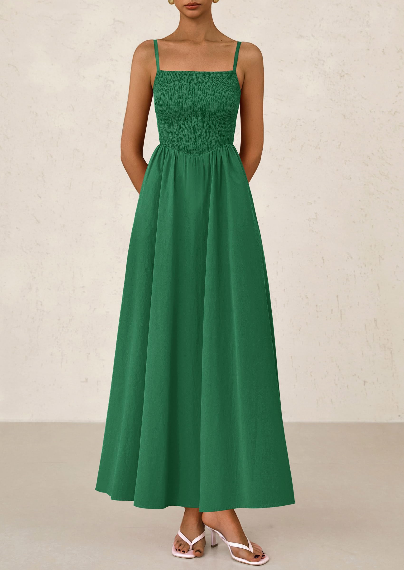 PRETTYGARDEN Women's Smocked Maxi Dresses Beach Sundress Casual Spaghetti Strap Swing A Line Long Flowy Dress