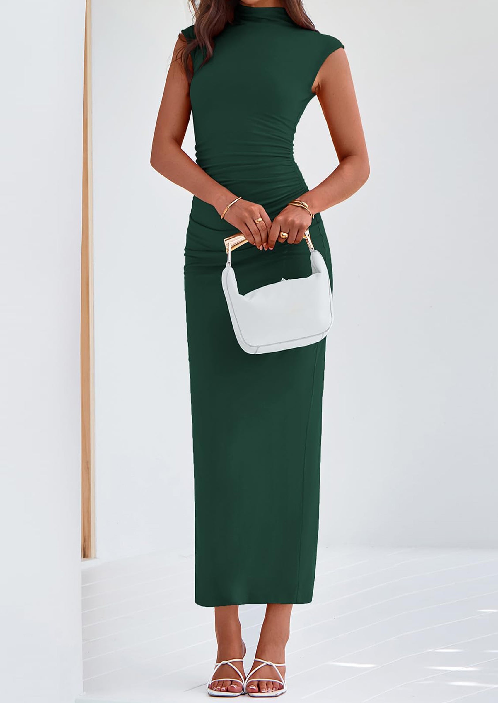 PRETTYGARDEN Women's Summer Maxi Dress Ruched Bodycon Sleeveless Formal Wedding Guest Elegant Cocktail Party Slit Dresses PRETTYGARDEN