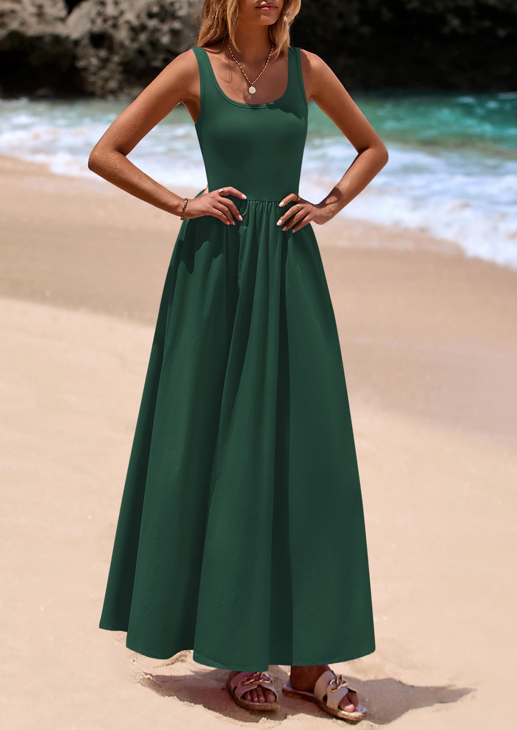 PRETTYGARDEN Womens Summer Casual Scoop Neck Sleeveless Long Dresses Tank Top Patchwork Aline Swing Maxi Dress with Pockets