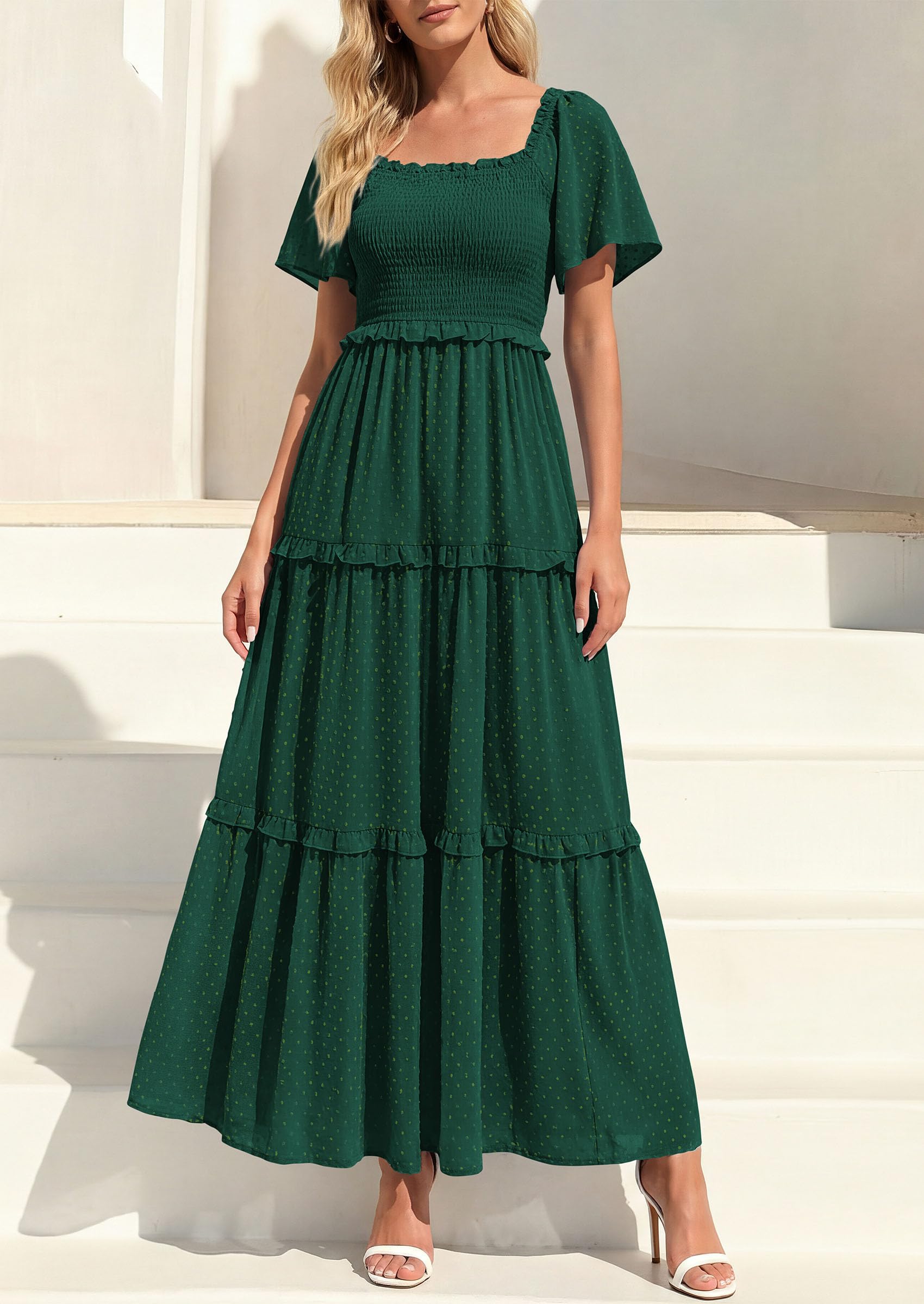 PRETTYGARDEN Summer Dresses for Women Boho Swiss Dot Smocked Square Neck Short Sleeve Spring Wedding Guest Maxi Dress PRETTYGARDEN