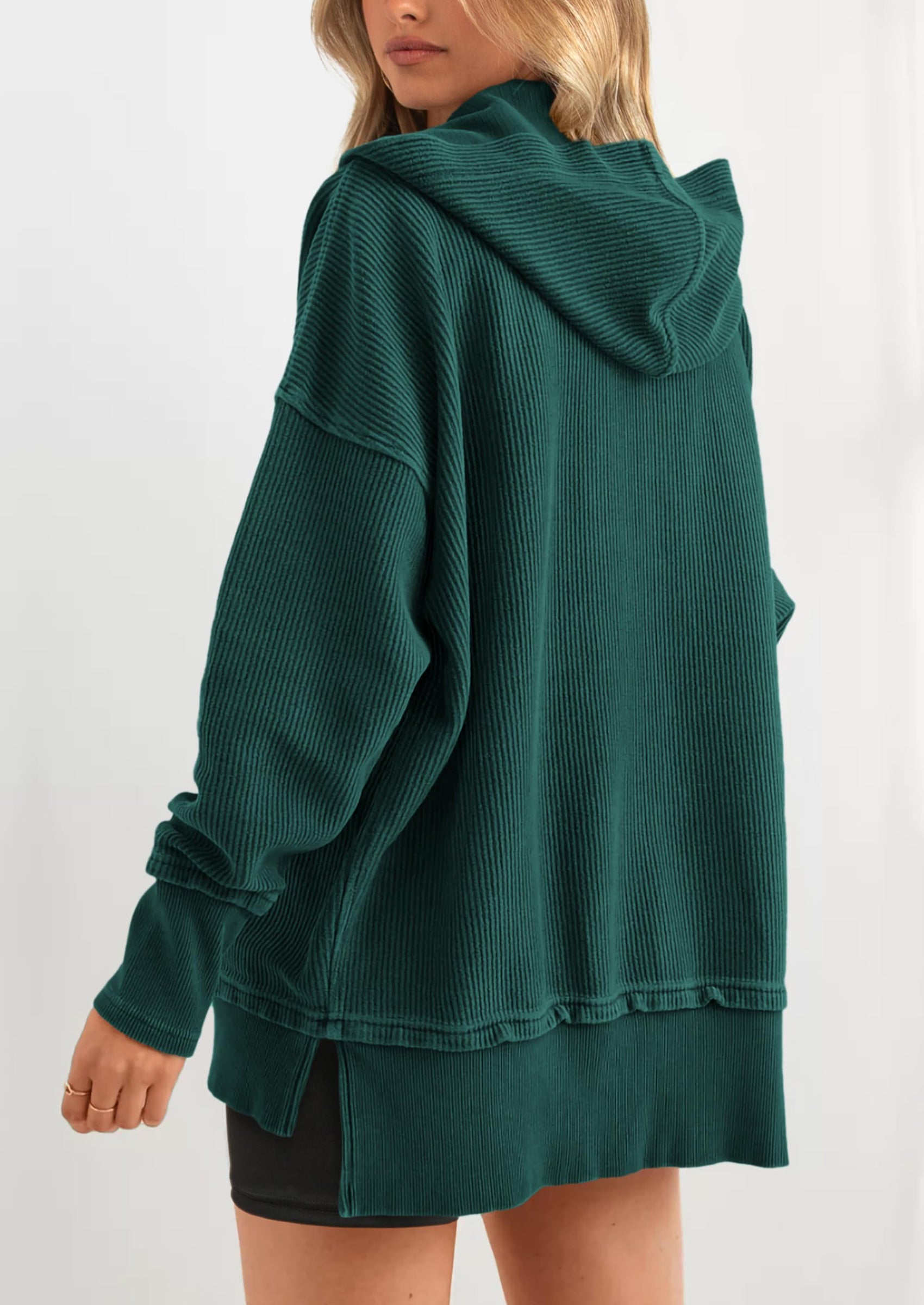 PRETTYGARDEN Womens Fashion Oversized Long Sleeve Hoodie Button Down V Neck Sweatshirt Side Slit Casual Pullover Tops