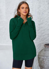 PRETTYGARDEN Womens Long Sleeve Quarter Zip Pullover Sweater Casual Loose V Neck Collared Ribbed Knit Jumper Tops Thumb Hole