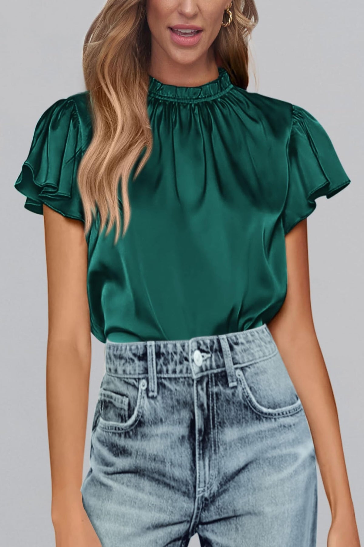 Summer Satin Blouse Shirt Dressy Casual Ruffle Short Sleeve Crewneck Work Party Tops