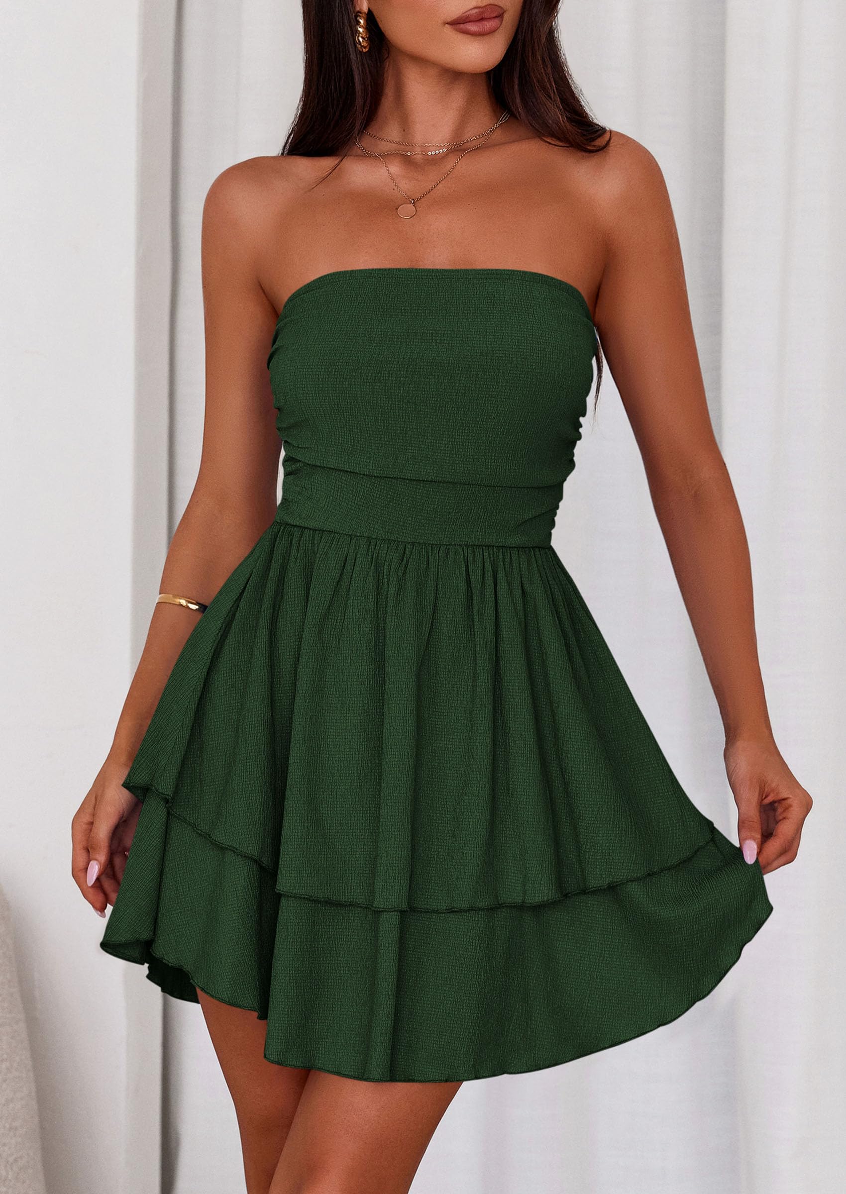 PRETTYGARDEN Women's Summer Strapless Tube Mini Dress Off Shoulder Smocked Ruffle A Line Flowy Short Party Club Dresses