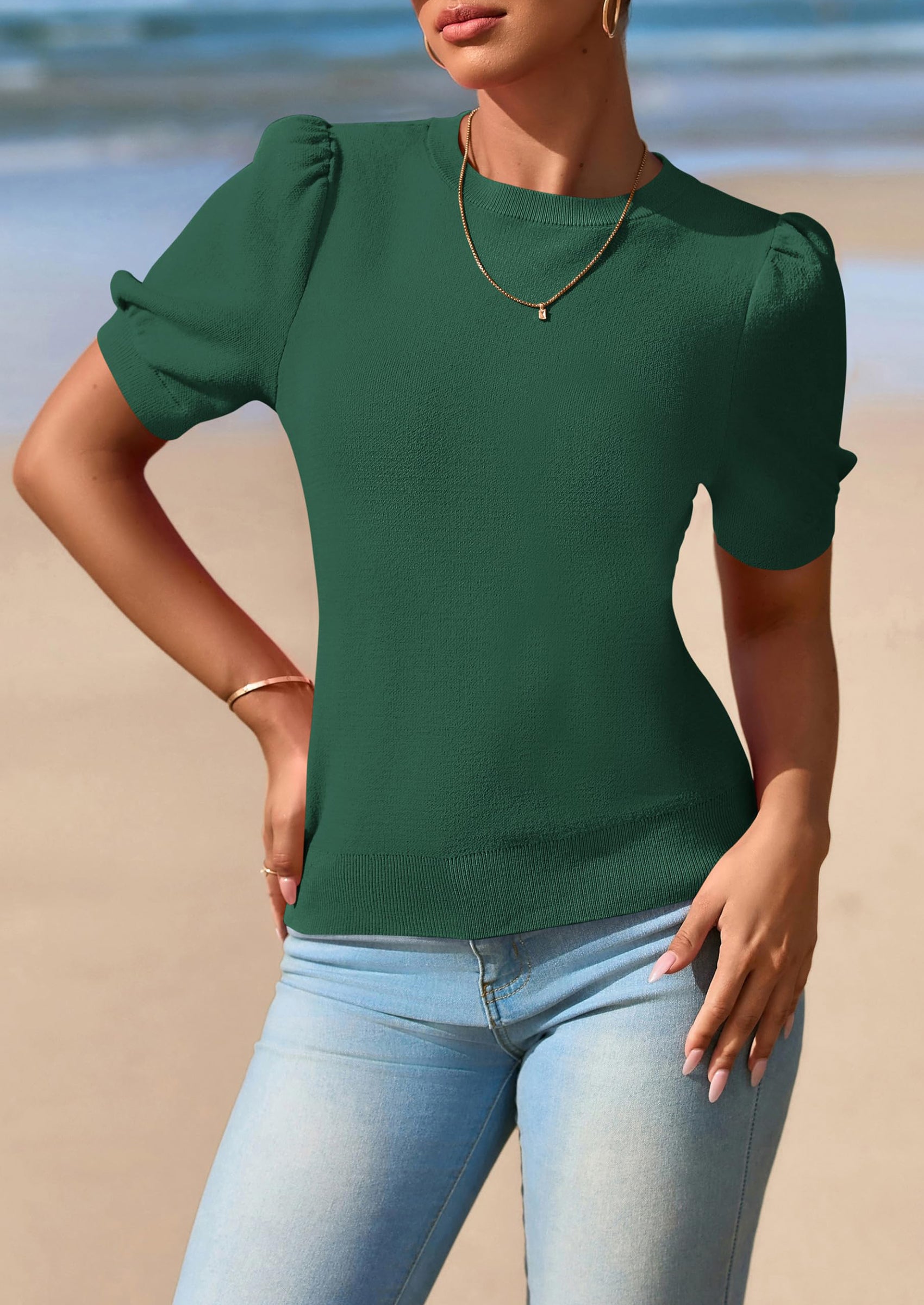 PRETTYGARDEN Womens Tops Spring Summer Puff Short Sleeve Sweater Crewneck Knit Work Blouses Dressy Casual Trendy Shirts PRETTYGARDEN