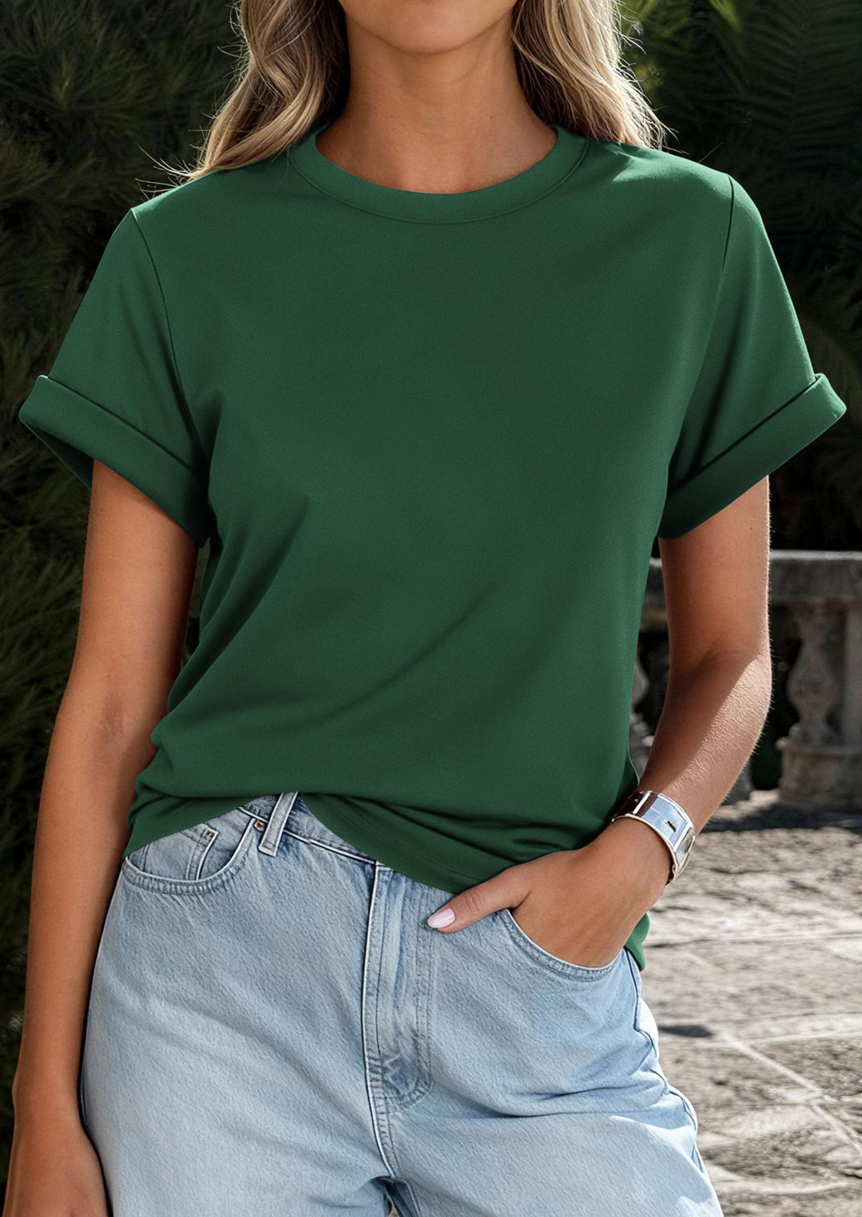 PRETTYGARDEN Womens Summer Tops Spring Casual Rolled Short Sleeve Basic Tees Crew Neck Work Shirts Fashion Clothing PRETTYGARDEN