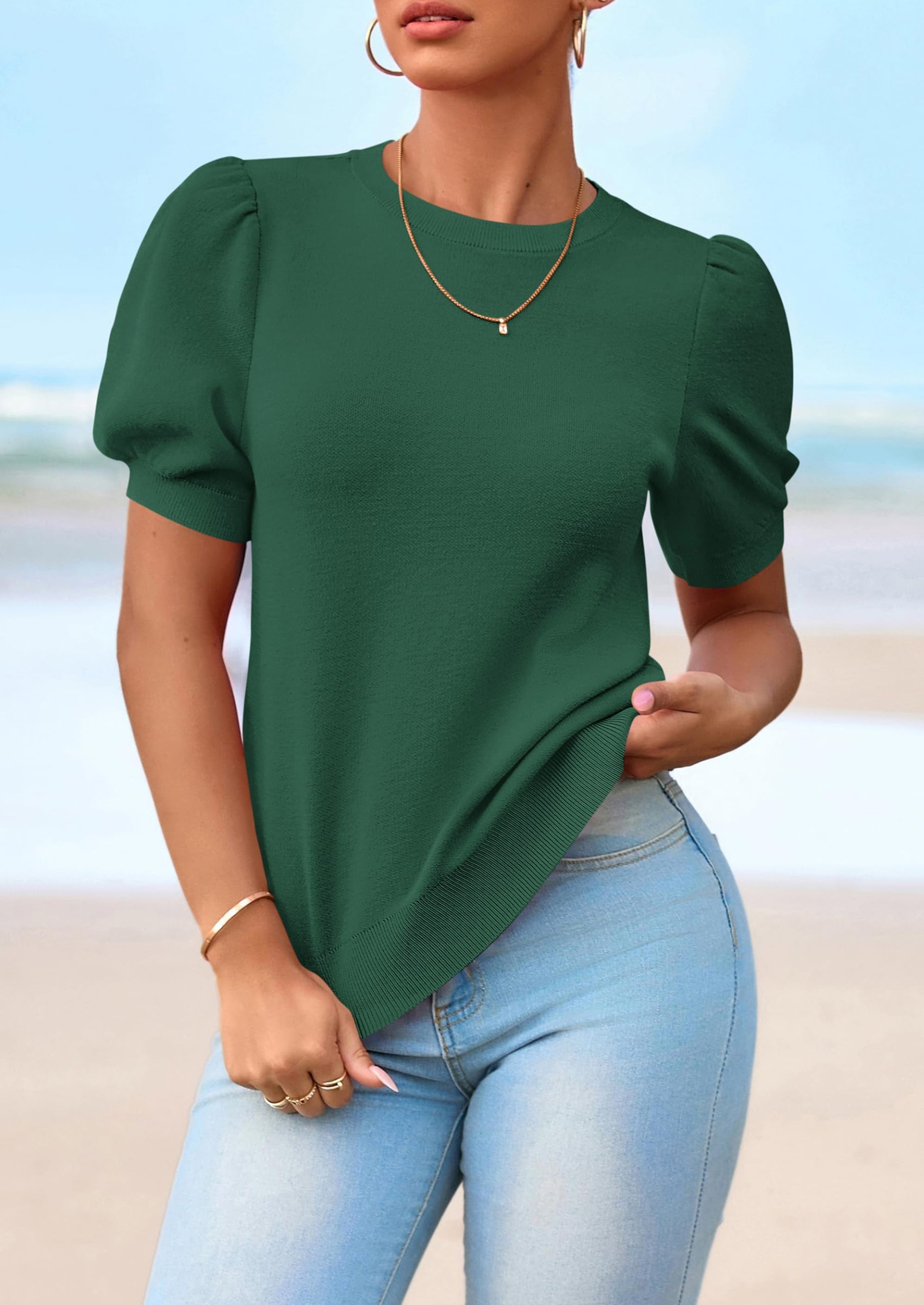 PRETTYGARDEN Womens Tops Spring Summer Puff Short Sleeve Sweater Crewneck Knit Work Blouses Dressy Casual Trendy Shirts PRETTYGARDEN