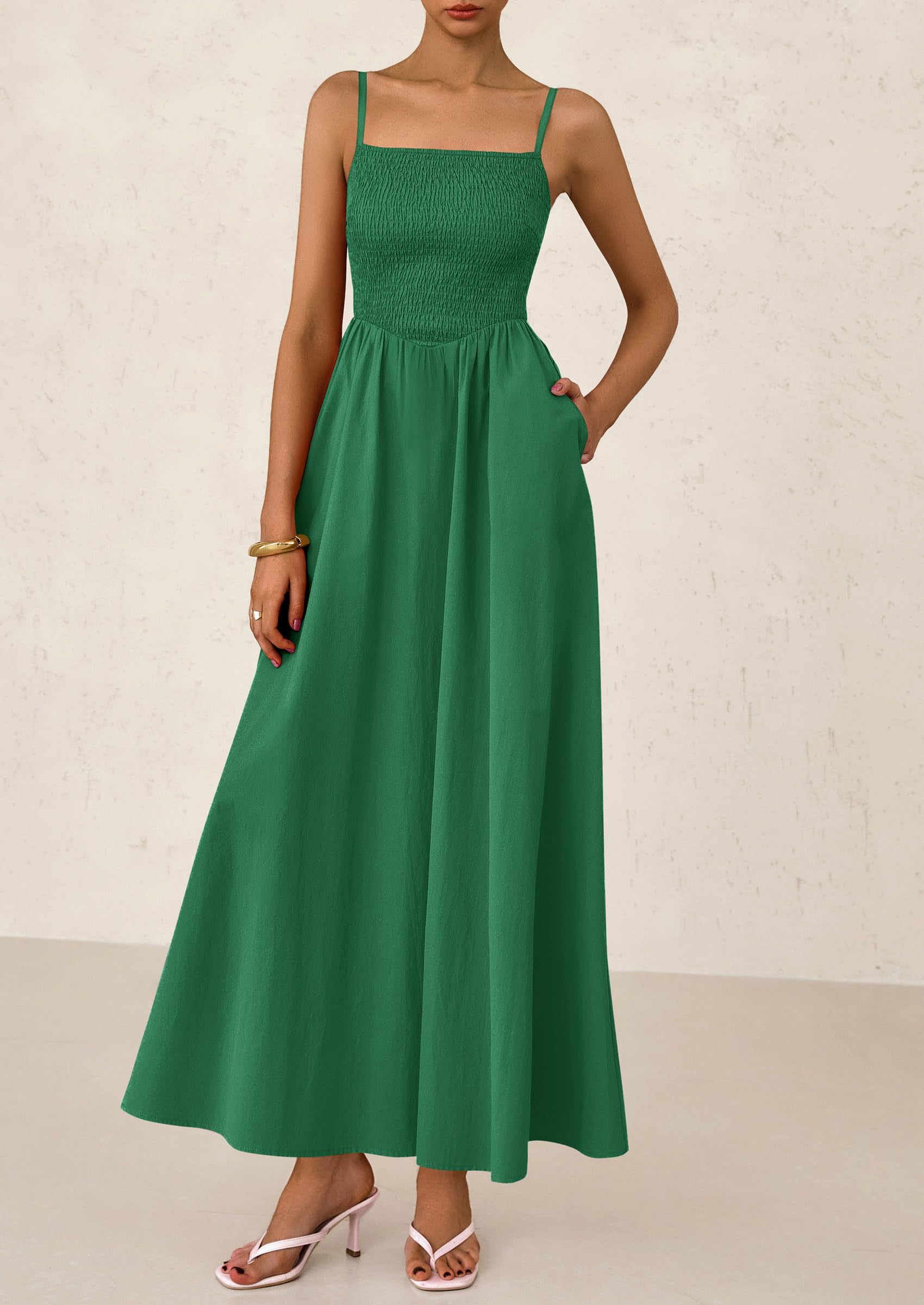 PRETTYGARDEN Women's Smocked Maxi Dresses Beach Sundress Casual Spaghetti Strap Swing A Line Long Flowy Dress