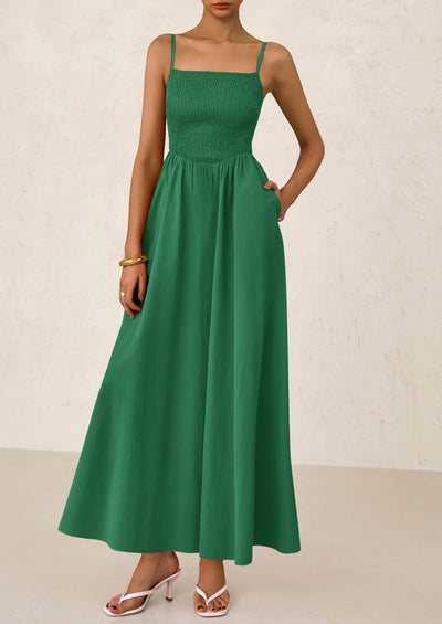 PRETTYGARDEN Women's Smocked Maxi Dresses Beach Sundress Casual Spaghetti Strap Swing A Line Long Flowy Dress