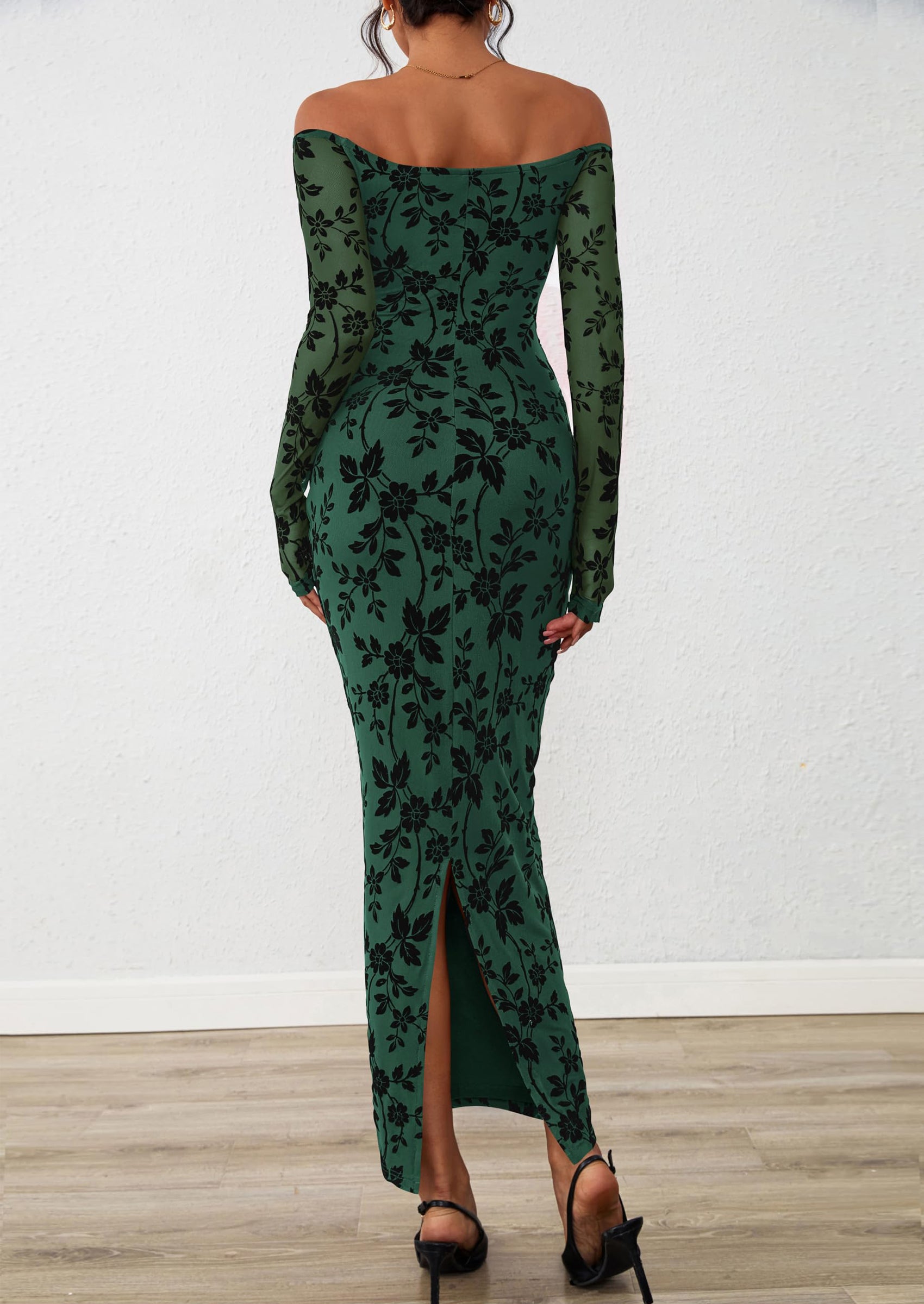 PRETTYGARDEN Womens Off The Shoulder Floral Maxi Bodycon Dress Fall Long Sleeve Mesh Fitted Long Formal Wedding Guest Dresses PRETTYGARDEN