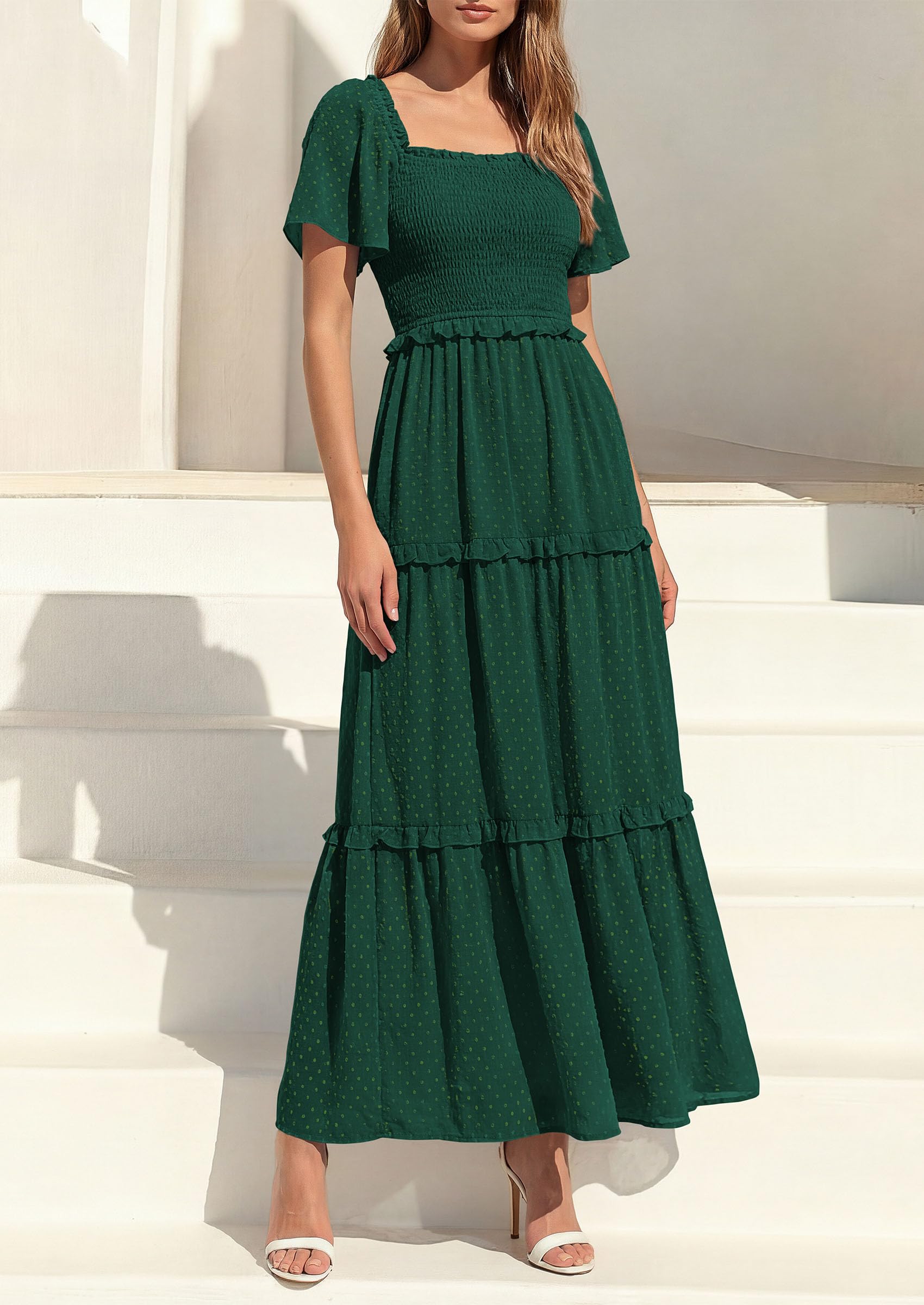 PRETTYGARDEN Summer Dresses for Women Boho Swiss Dot Smocked Square Neck Short Sleeve Spring Wedding Guest Maxi Dress PRETTYGARDEN