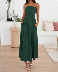 BTFBM Summer Maxi Dresses for Women Strapless Ruched Tube Top Beach Vacation Spring Wedding Guest Dress Pockets PRETTYGARDEN