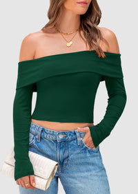 Off The Shoulder Top for Women 2025 Long Sleeve Shirts Trendy Going Out Crop Tops Spring Fashion Clothes