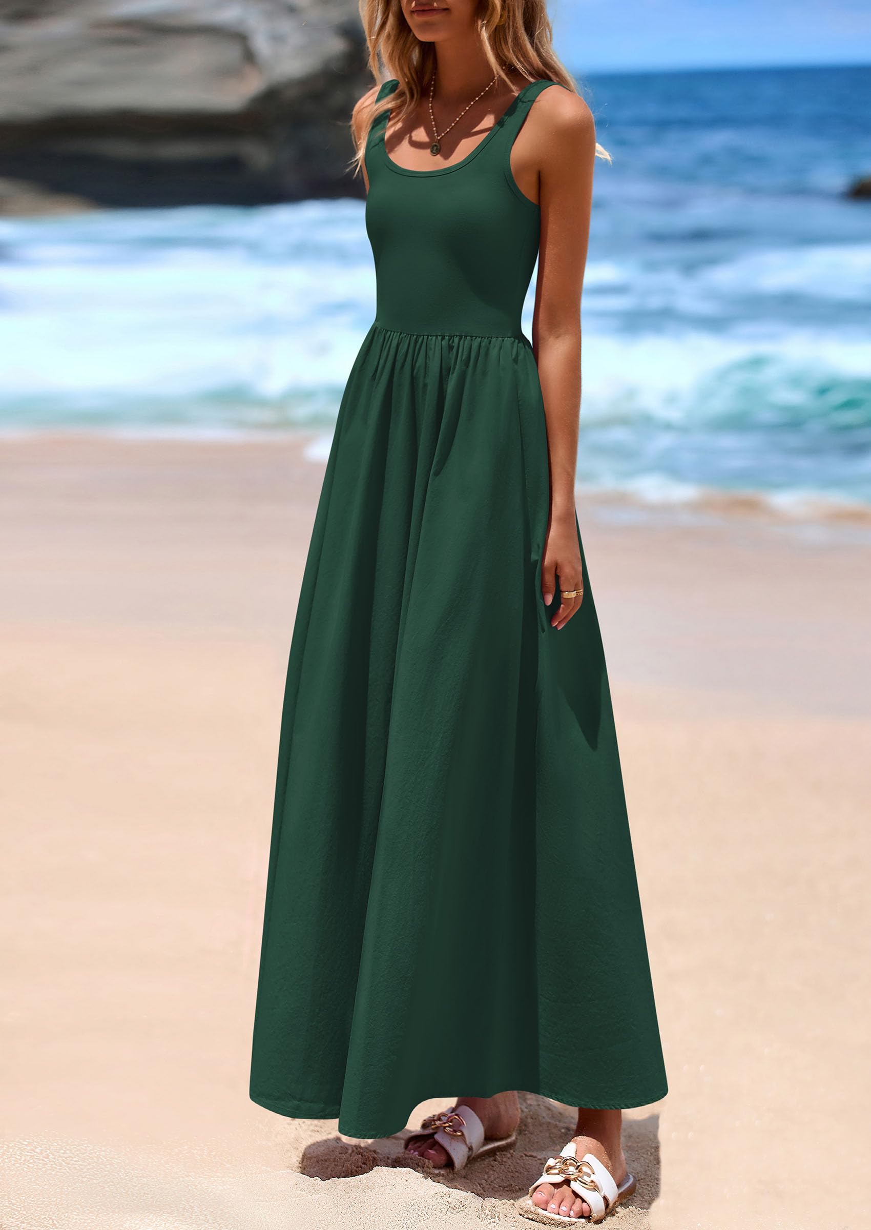 PRETTYGARDEN Womens Summer Casual Scoop Neck Sleeveless Long Dresses Tank Top Patchwork Aline Swing Maxi Dress with Pockets