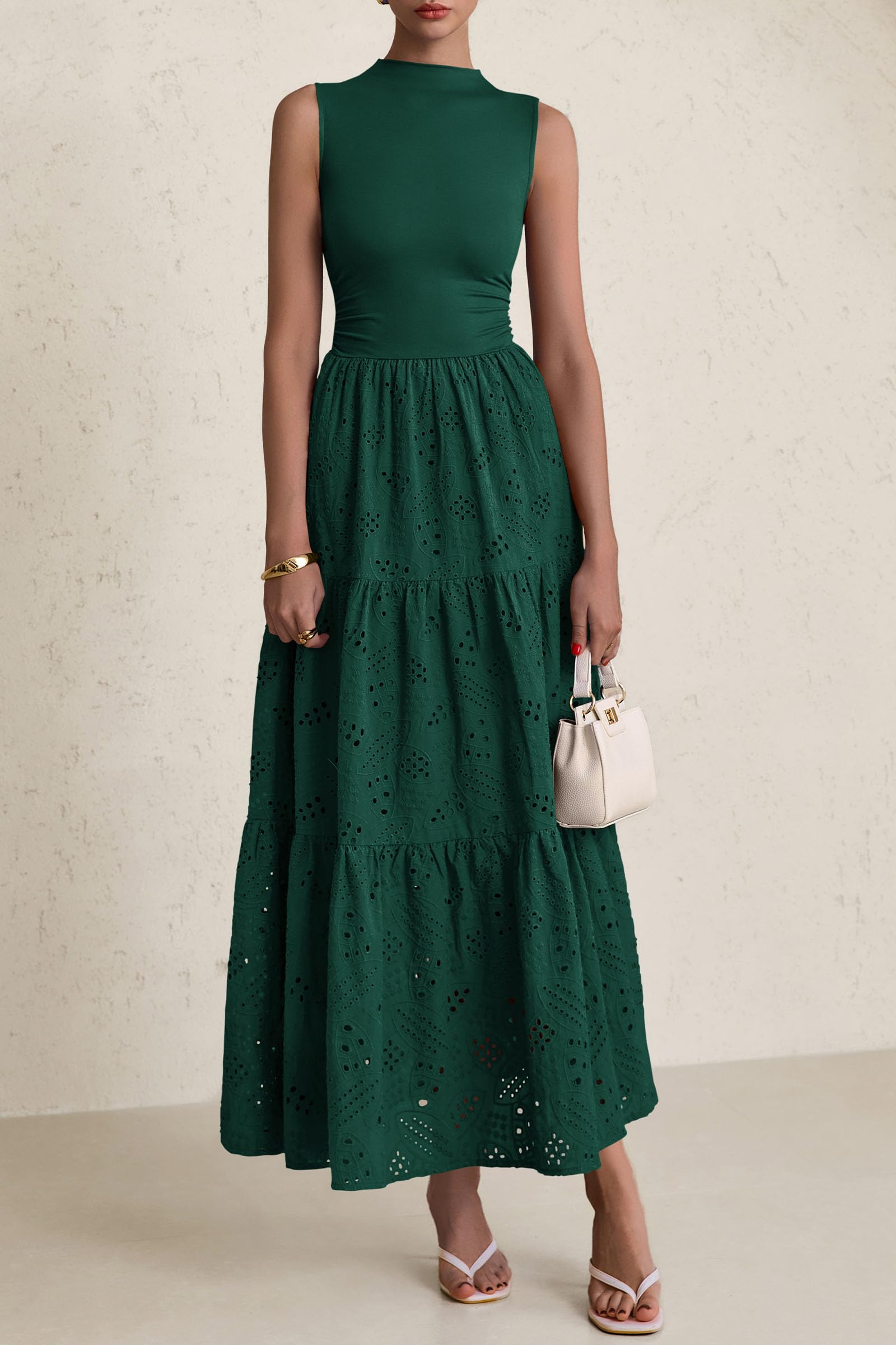 PRETTYGARDEN Dresses for Women Casual Eyelet Sleeveless Wedding Guest Maxi Dress Tank Top Sundress with Pockets