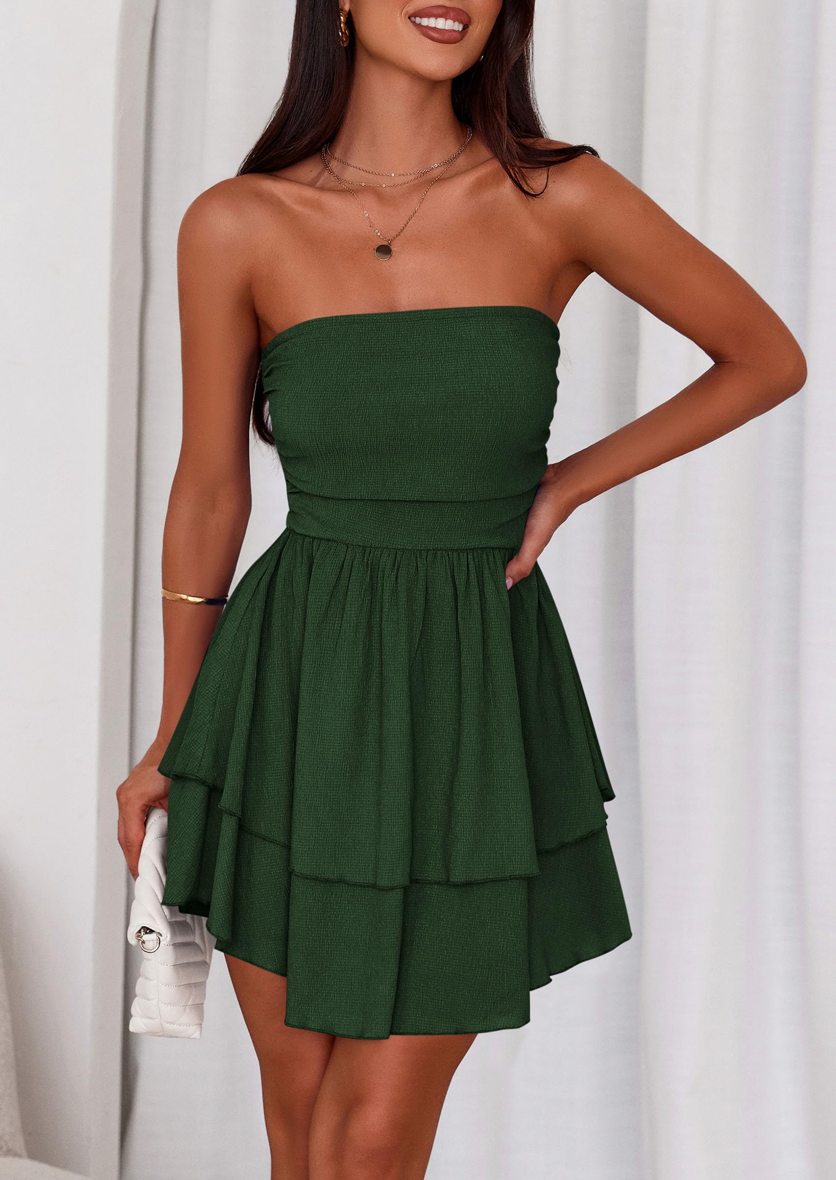 PRETTYGARDEN Women's Summer Strapless Tube Mini Dress Off Shoulder Smocked Ruffle A Line Flowy Short Party Club Dresses