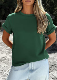 PRETTYGARDEN Womens Summer Tops Spring Casual Rolled Short Sleeve Basic Tees Crew Neck Work Shirts Fashion Clothing PRETTYGARDEN