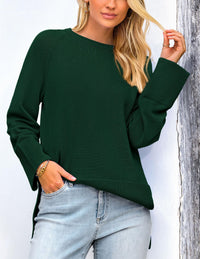 Women's Fall Knit Sweaters Long Sleeve Pullover Crewneck Split Hem Loose Oversized Tunic Sweater Top