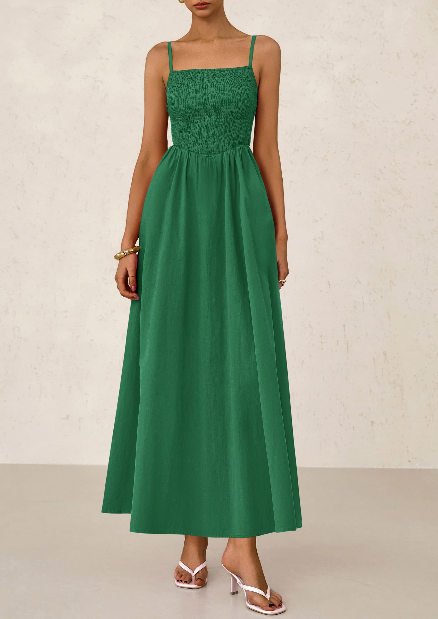 PRETTYGARDEN Women's Smocked Maxi Dresses Beach Sundress Casual Spaghetti Strap Swing A Line Long Flowy Dress