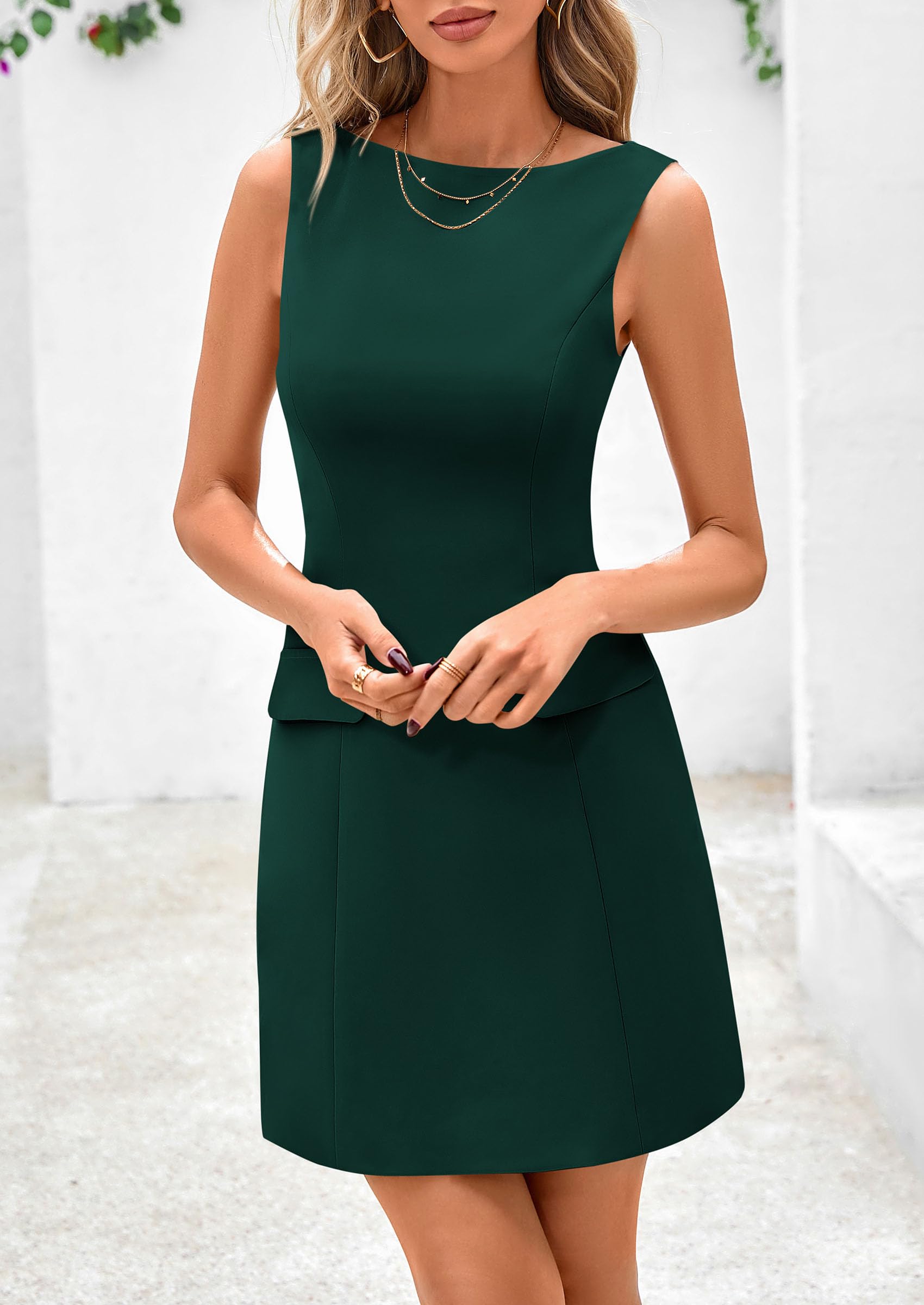 PRETTYGARDEN Womens Formal Sleeveless Summer Dresses Boat Neck Bodycon Elegant A Line Business Work Mini Dresss