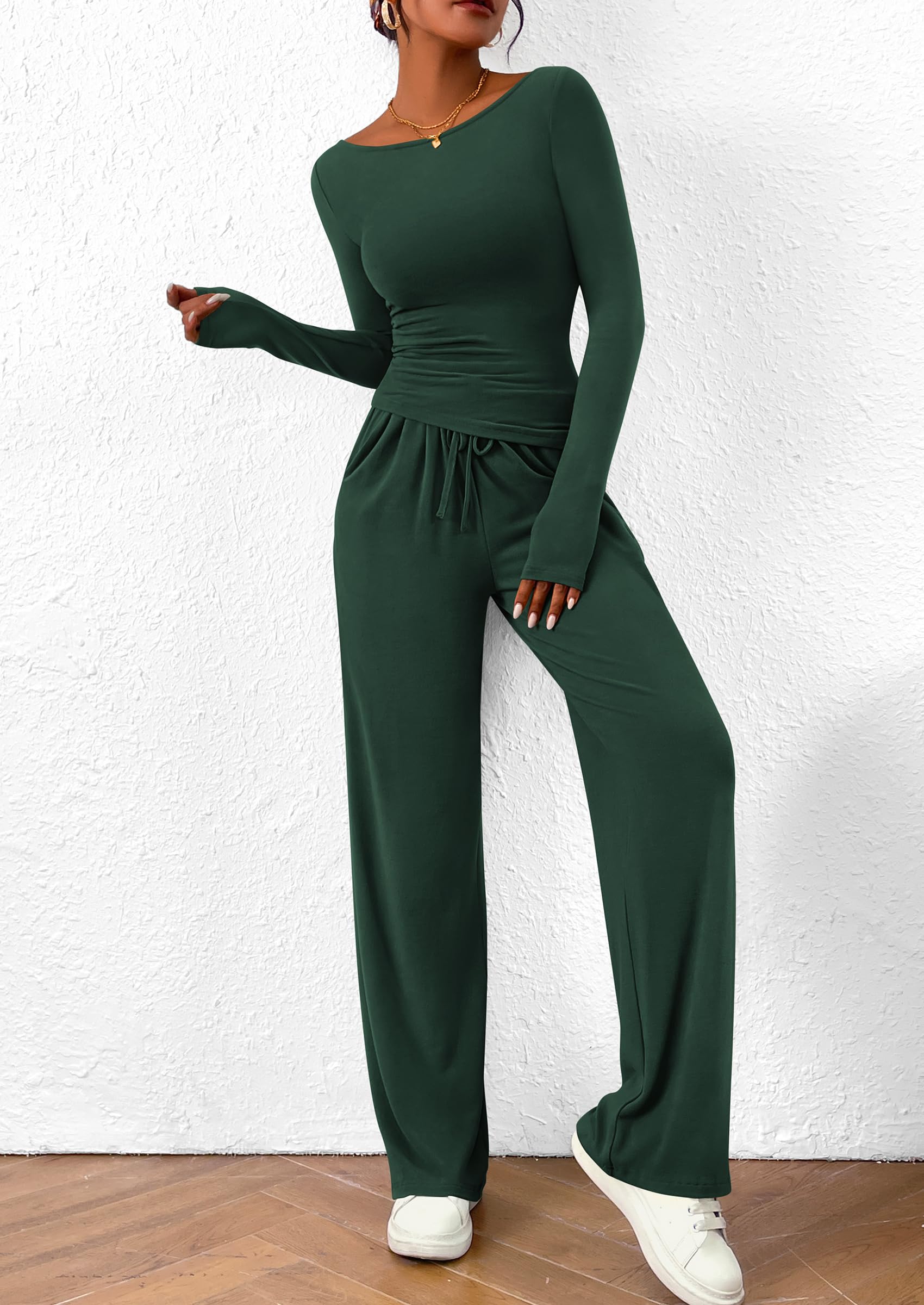 PRETTYGARDEN Women's 2 Piece Lounge Sets Asymmetrical Long Sleeve T Shirt Wide Leg Pants Casual Outfits Tracksuit