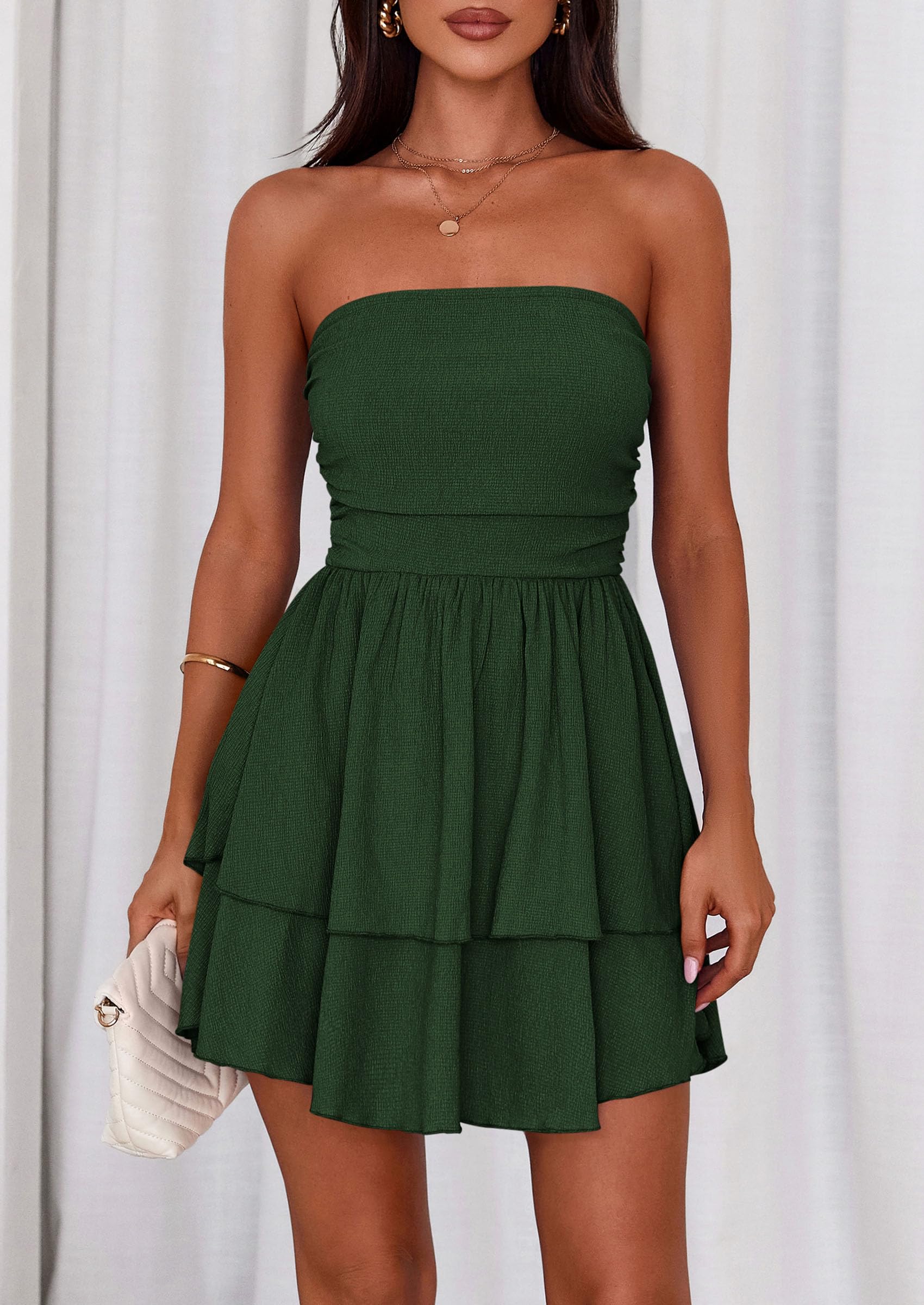 PRETTYGARDEN Women's Summer Strapless Tube Mini Dress Off Shoulder Smocked Ruffle A Line Flowy Short Party Club Dresses