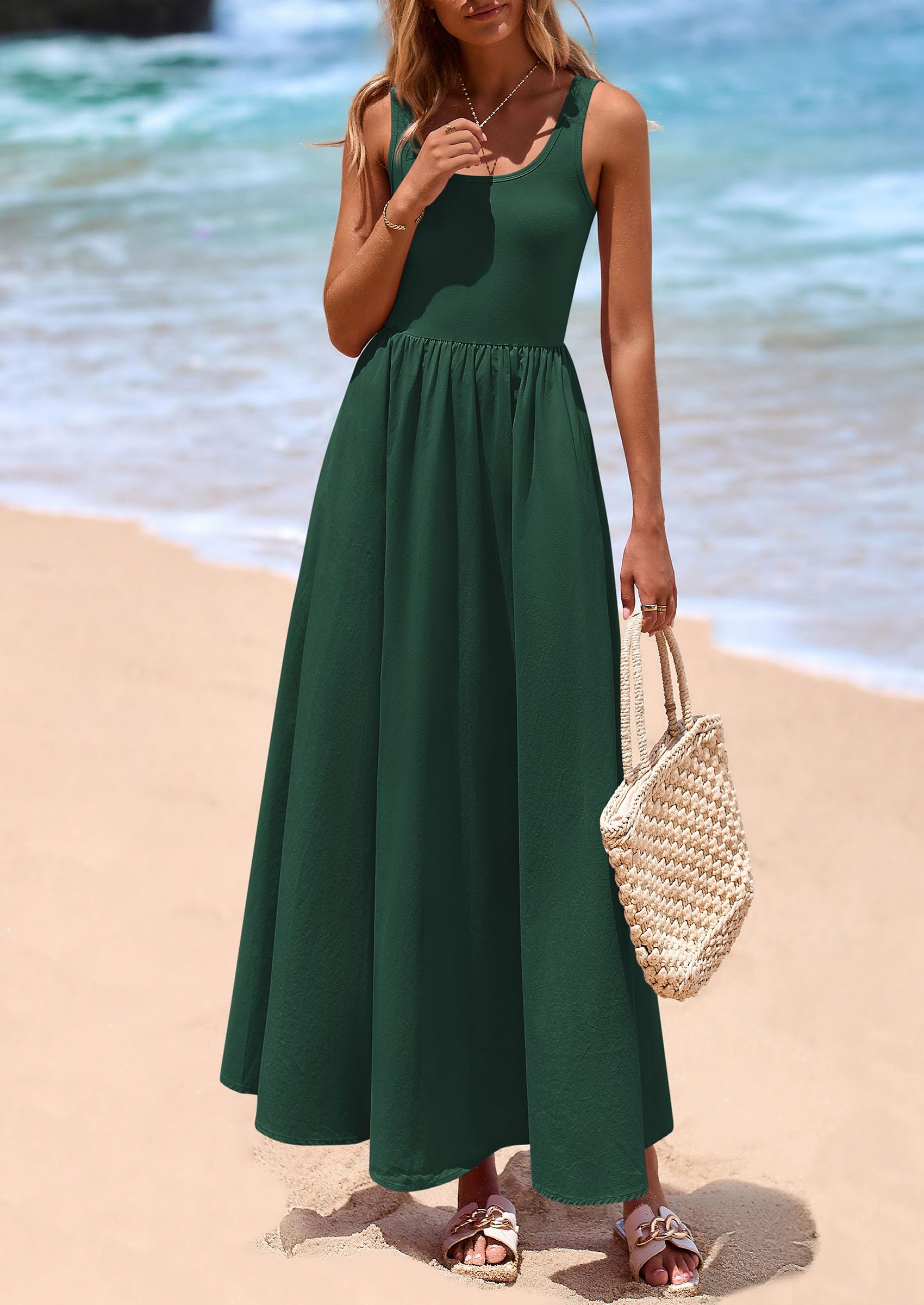 PRETTYGARDEN Womens Summer Casual Scoop Neck Sleeveless Long Dresses Tank Top Patchwork Aline Swing Maxi Dress with Pockets