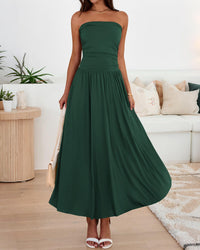 BTFBM Summer Maxi Dresses for Women Strapless Ruched Tube Top Beach Vacation Spring Wedding Guest Dress Pockets PRETTYGARDEN