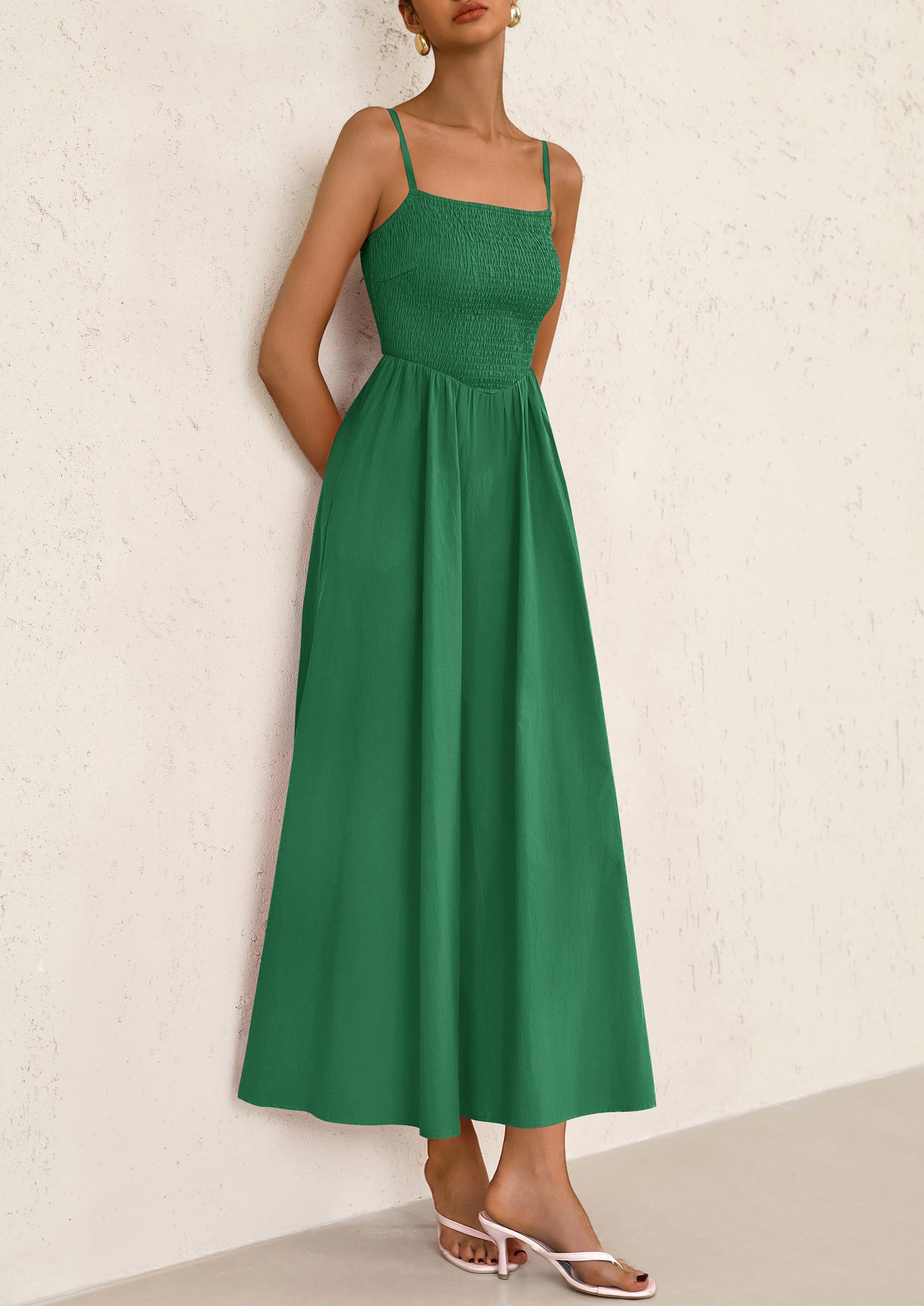 PRETTYGARDEN Women's Smocked Maxi Dresses Beach Sundress Casual Spaghetti Strap Swing A Line Long Flowy Dress