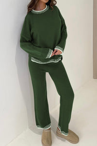 2 Piece Knitted Casual Long Sleeve Pullover Wide Leg Pant Set