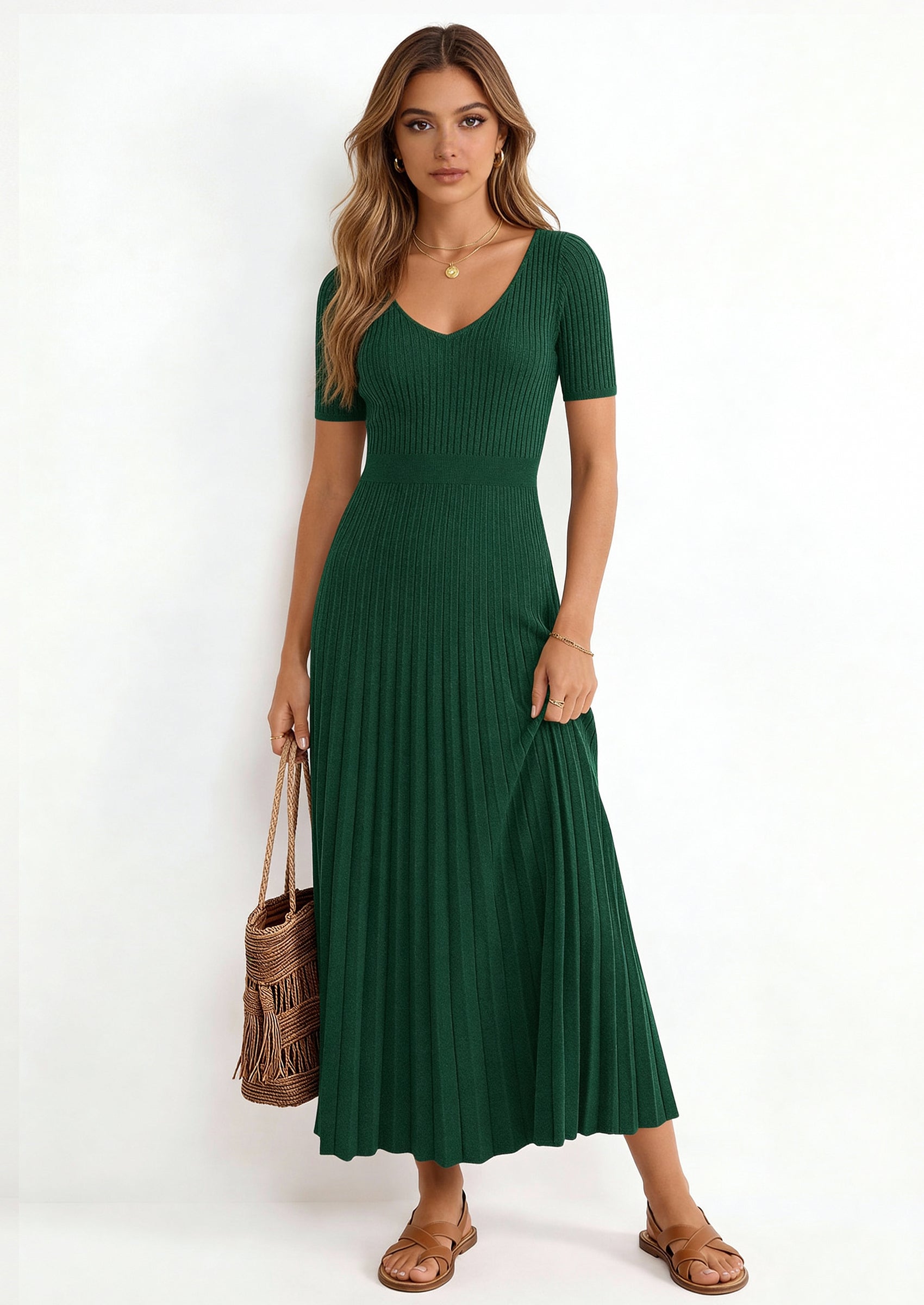 PRETTYGARDEN Women's Spring Midi Sweater Dresses Elegant Pleated Ribbed Knit Short Sleeve V Neck A Line Summer Outfits PRETTYGARDEN