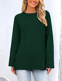 Women's Fall Knit Sweaters Long Sleeve Pullover Crewneck Split Hem Loose Oversized Tunic Sweater Top