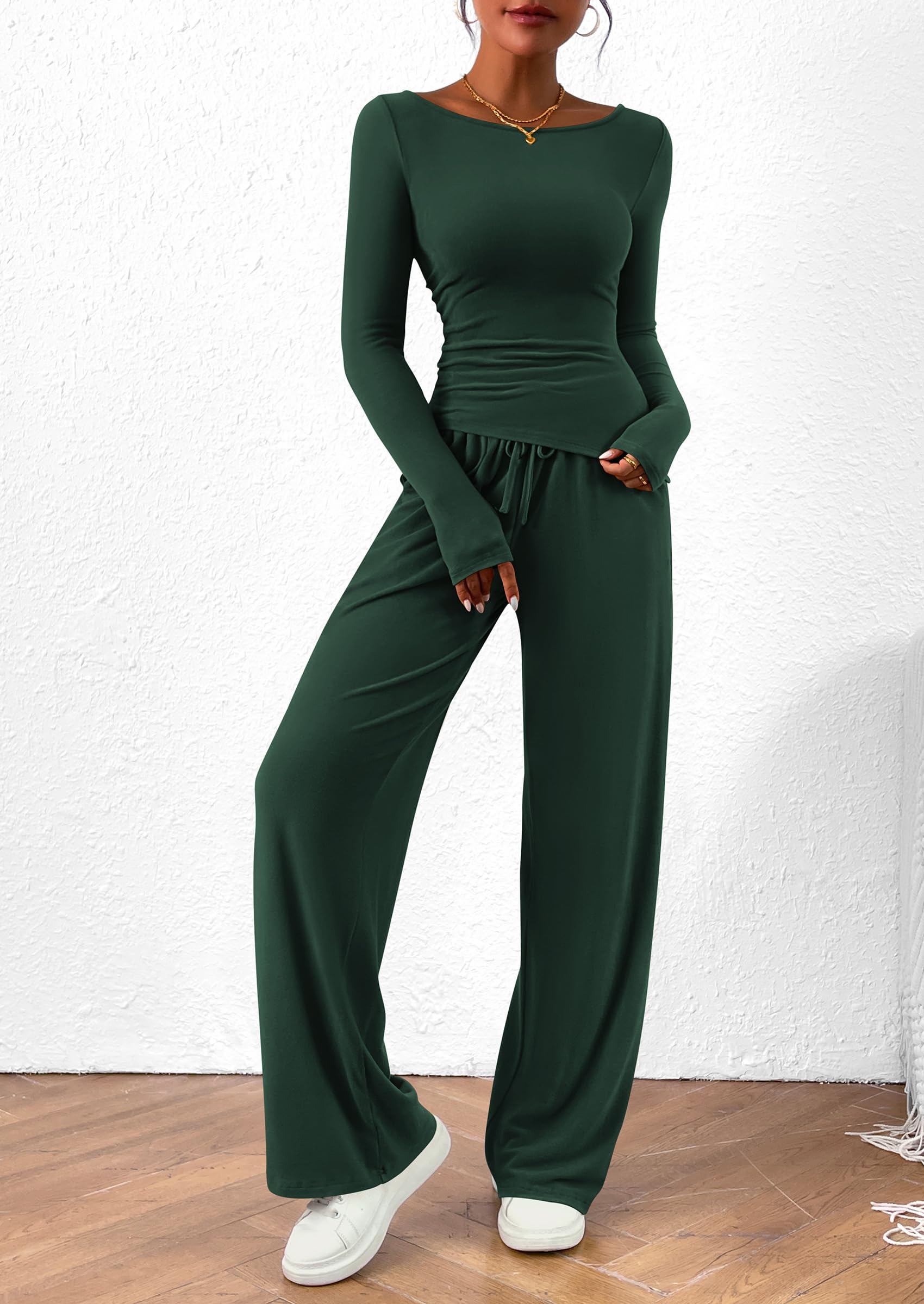PRETTYGARDEN Women's 2 Piece Lounge Sets Asymmetrical Long Sleeve T Shirt Wide Leg Pants Casual Outfits Tracksuit