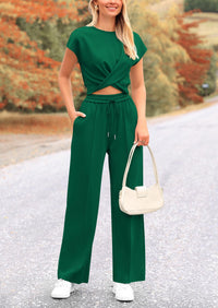 Twist Front Crop T-Shirts Wide Leg Pants Two Piece Sets