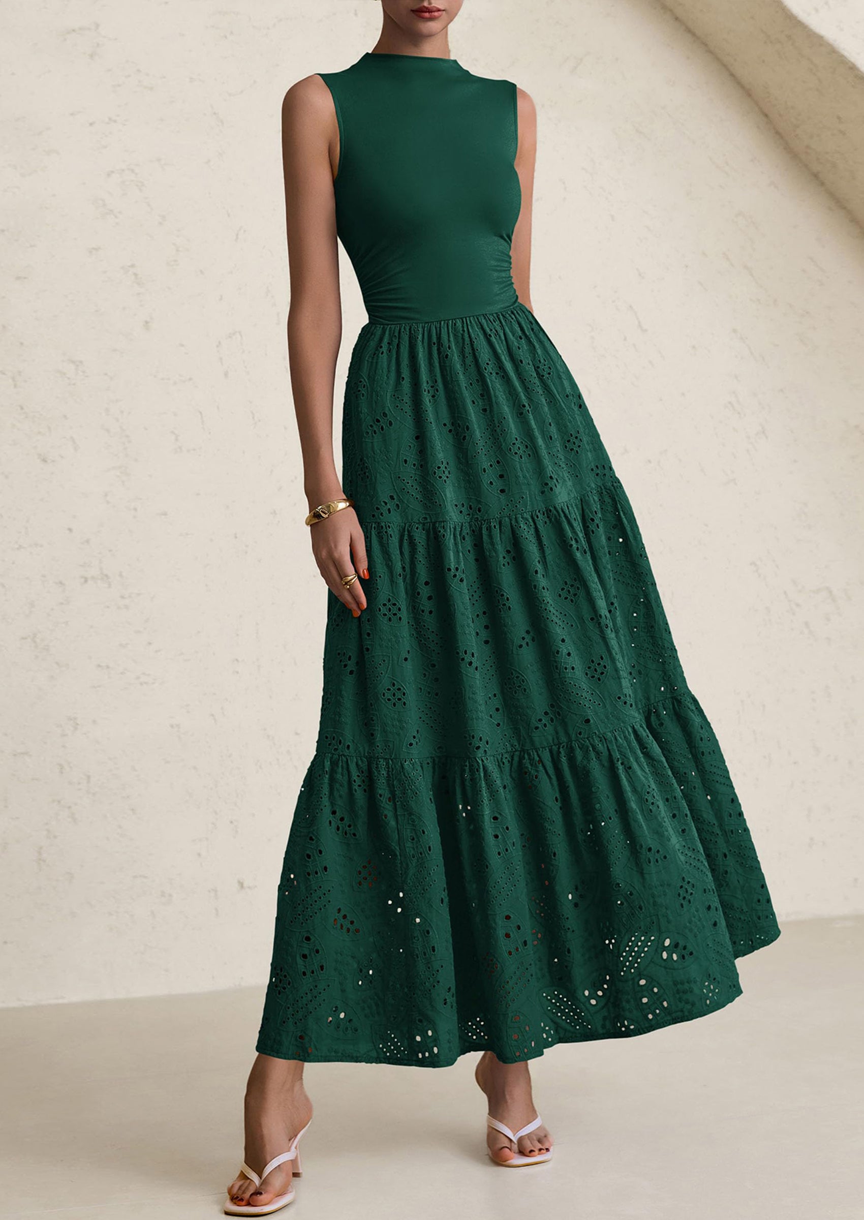 PRETTYGARDEN Dresses for Women Casual Eyelet Sleeveless Wedding Guest Maxi Dress Tank Top Sundress with Pockets