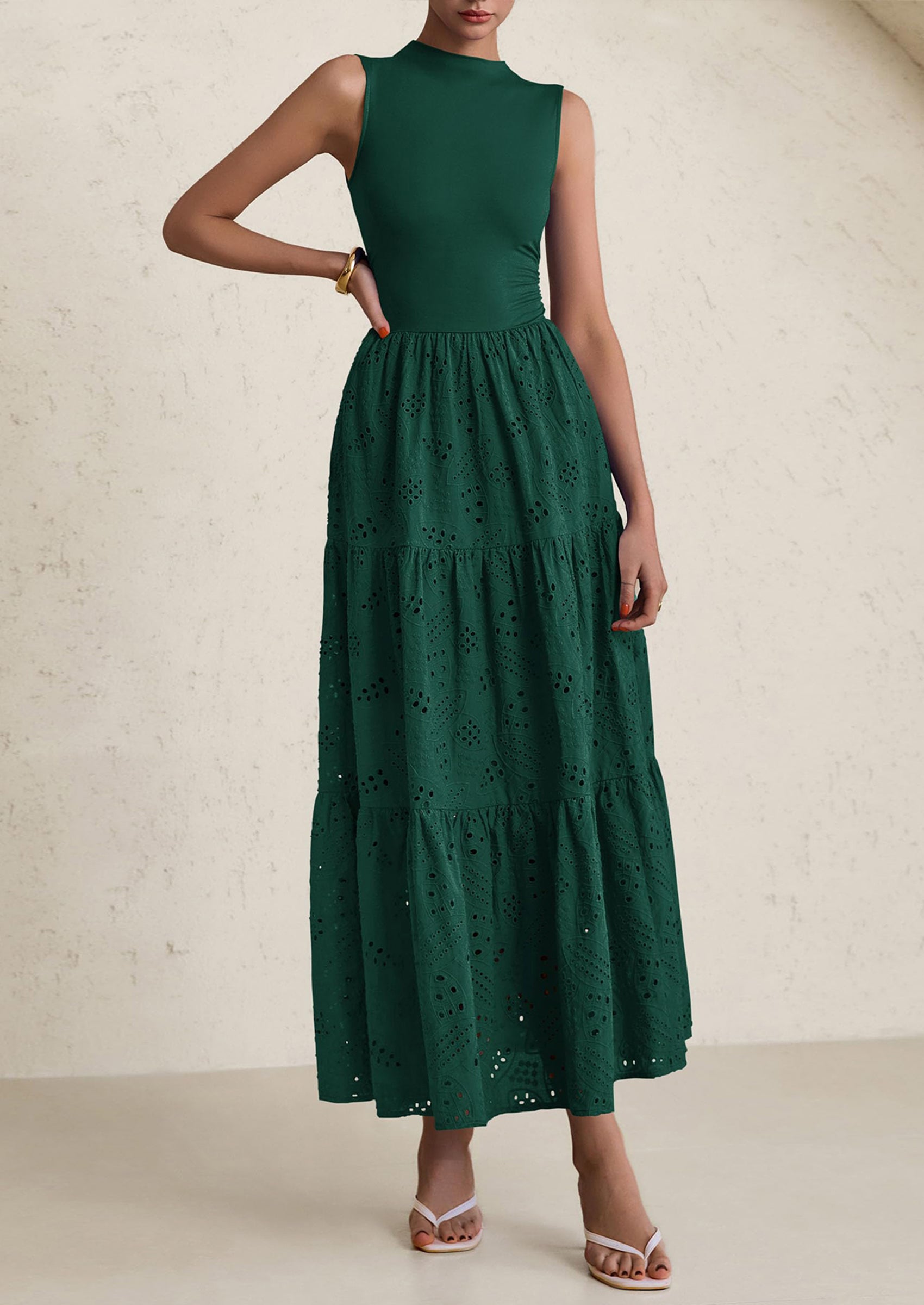 PRETTYGARDEN Dresses for Women Casual Eyelet Sleeveless Wedding Guest Maxi Dress Tank Top Sundress with Pockets