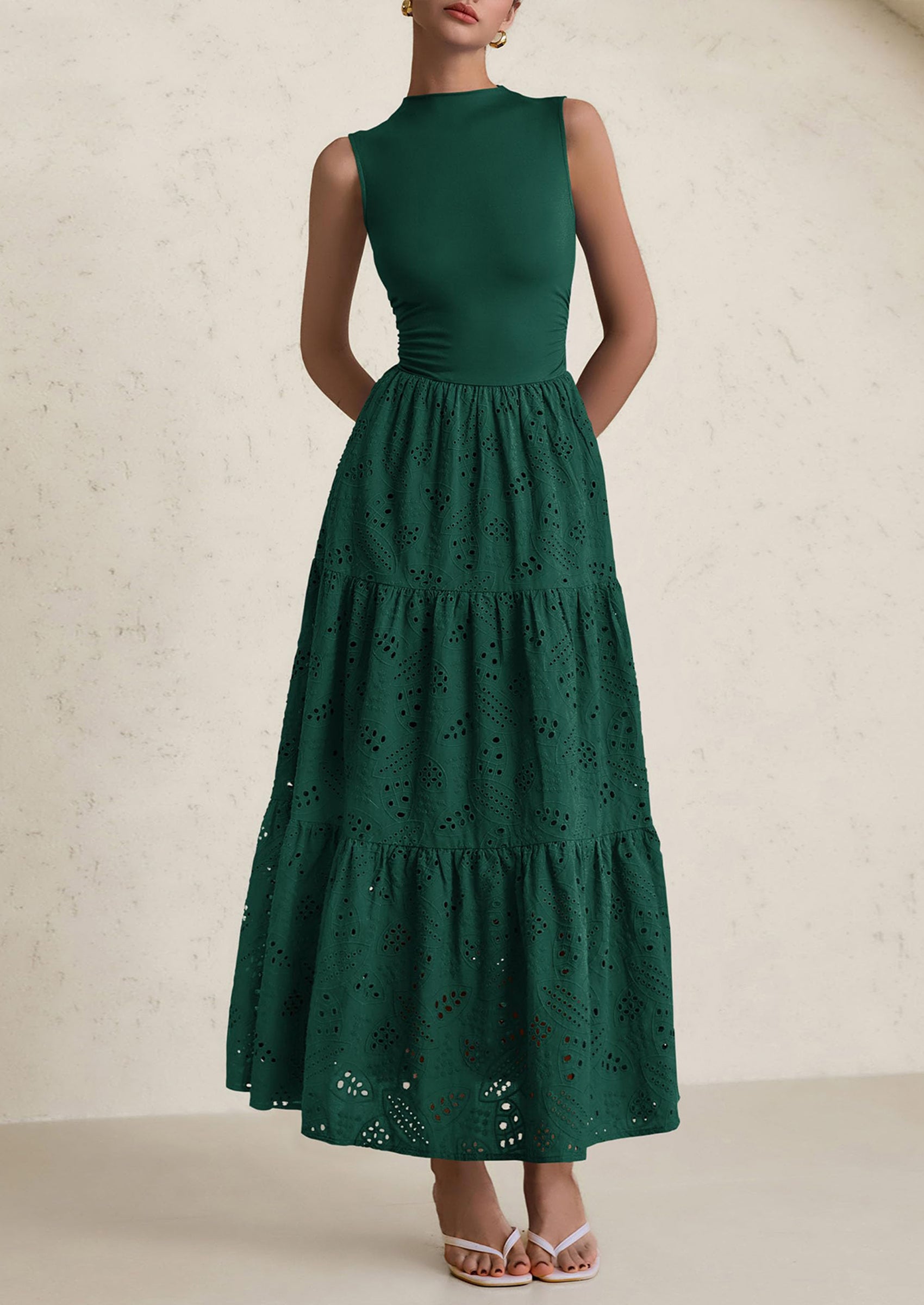 PRETTYGARDEN Dresses for Women Casual Eyelet Sleeveless Wedding Guest Maxi Dress Tank Top Sundress with Pockets