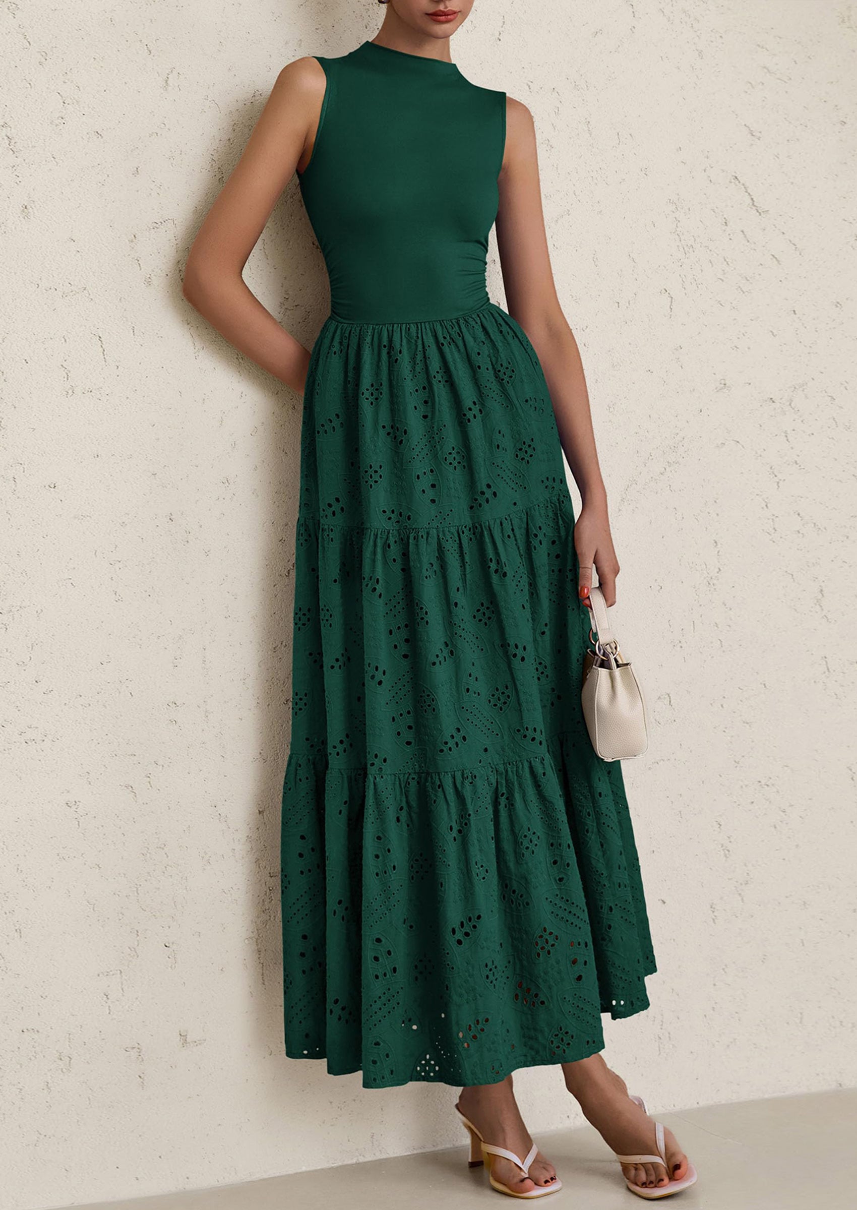 PRETTYGARDEN Dresses for Women Casual Eyelet Sleeveless Wedding Guest Maxi Dress Tank Top Sundress with Pockets